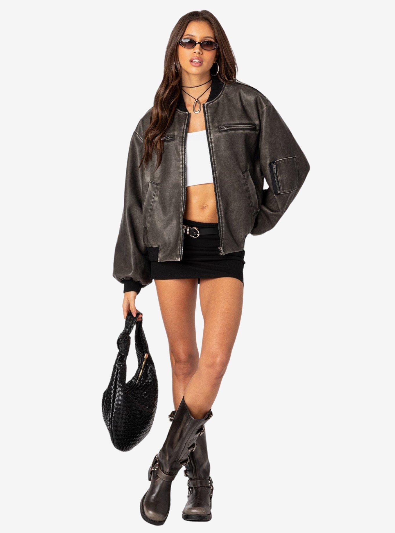 Vava Washed Faux Leather Bomber Jacket, GREY, hi-res