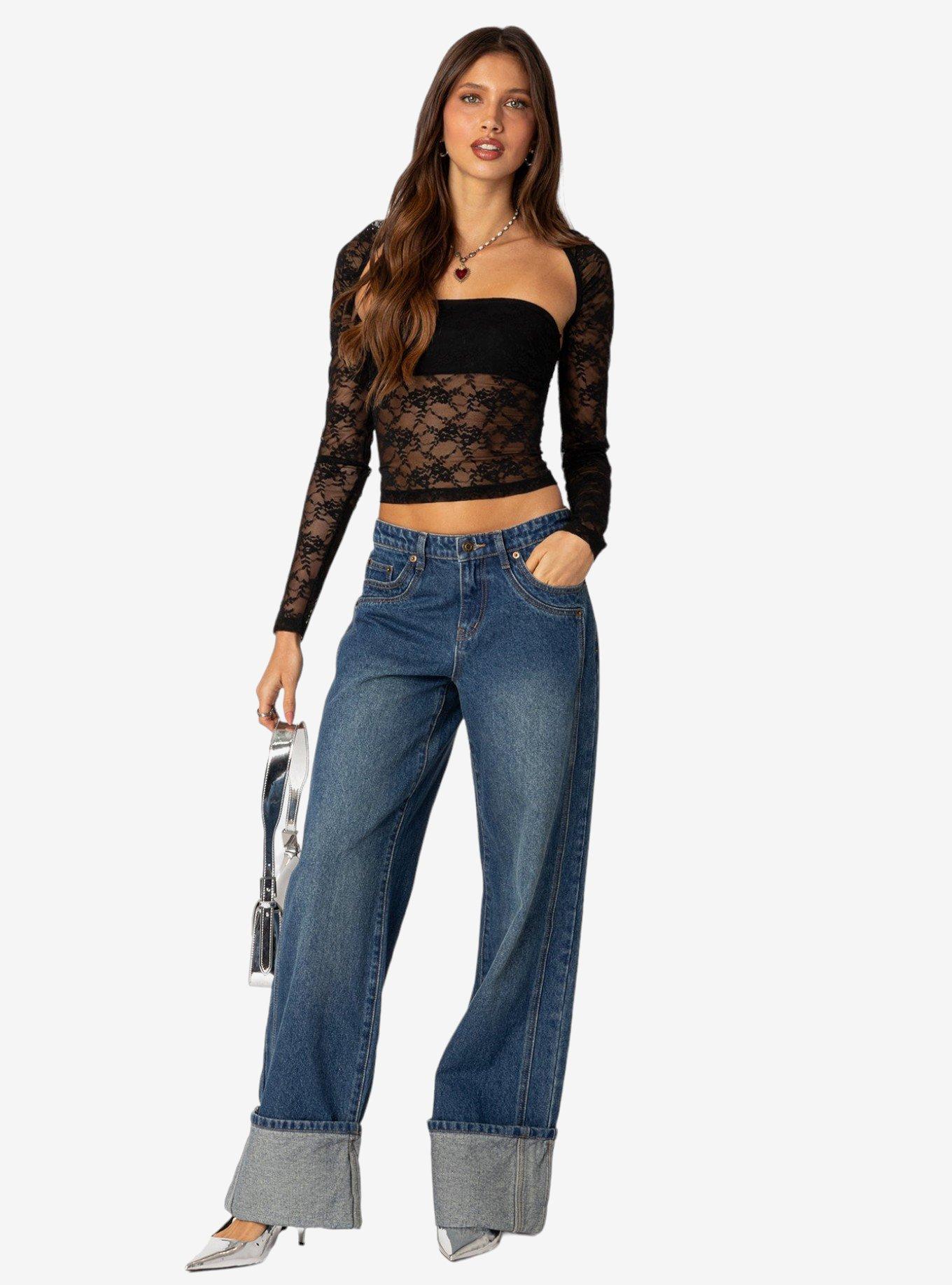 Edikted Vesper Cuffed Low Rise Jeans, BLUE, hi-res