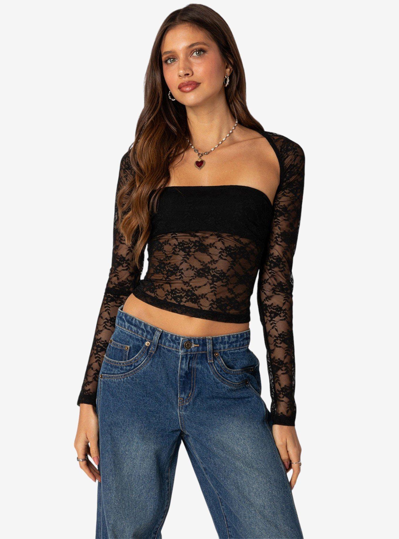 Addison Sheer Lace Two Piece Top, BLACK, hi-res view 1