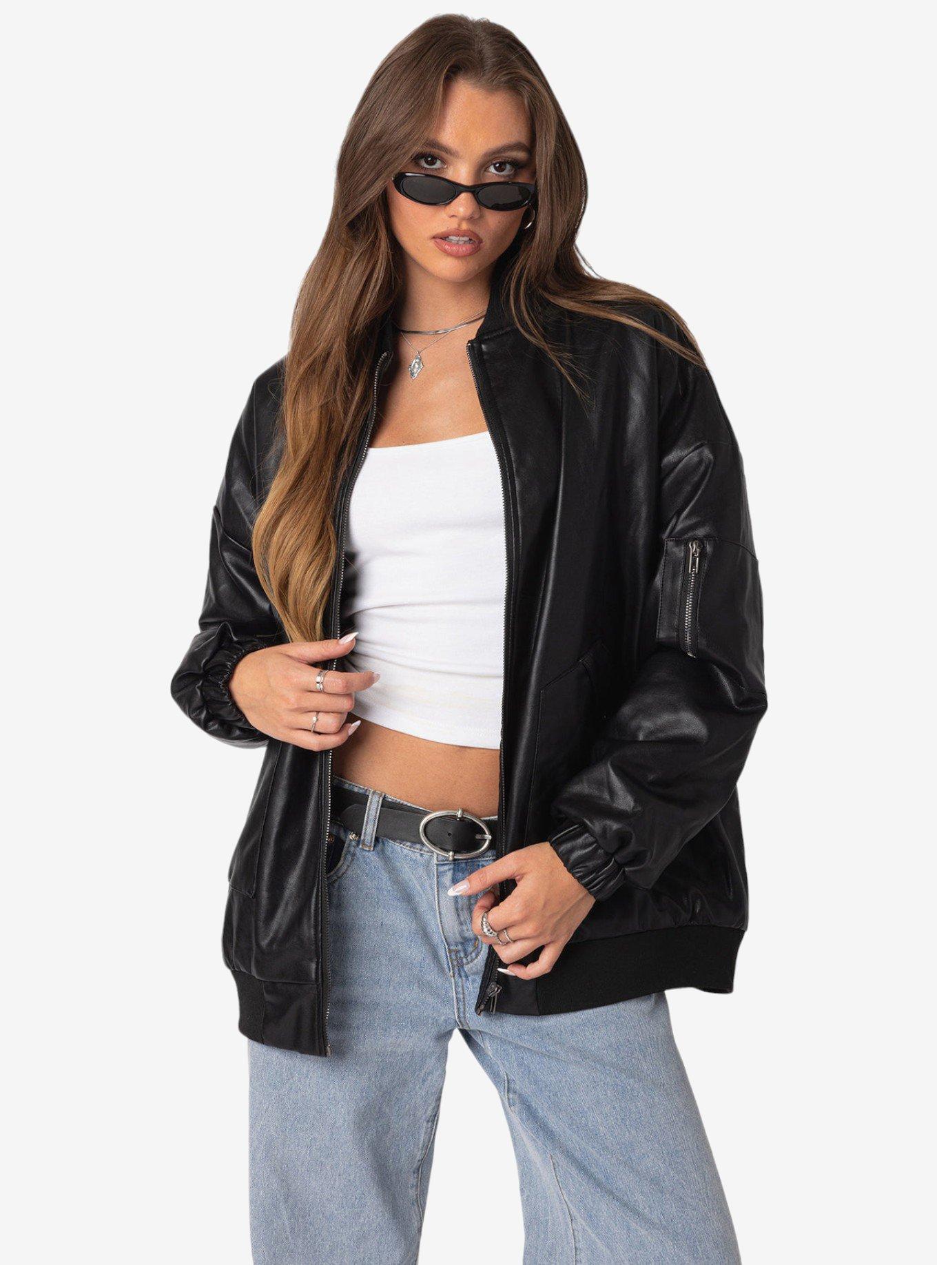Faux Leather Oversized Bomber Jacket, BLACK, hi-res