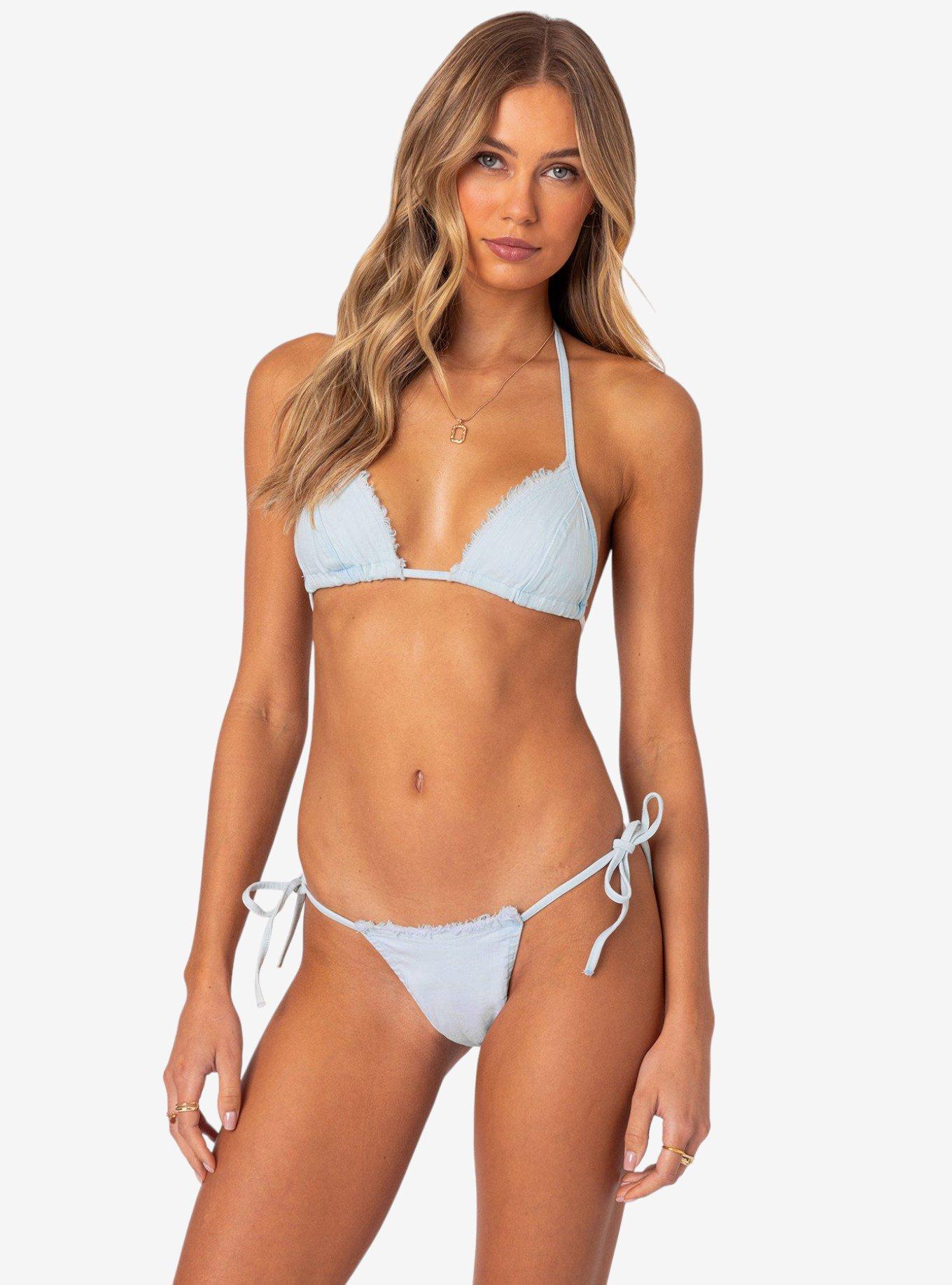 Didi Distressed Denim Triangle Swim Top, BLUE, hi-res