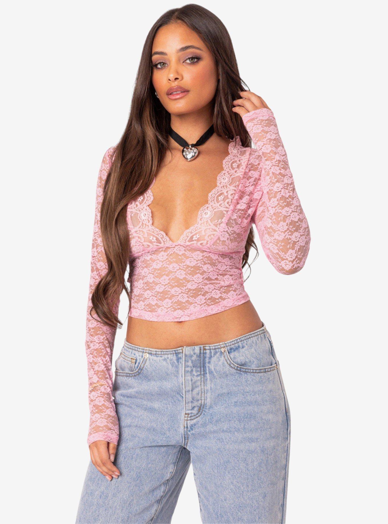 Beck Plunge Neck Sheer Lace Top, PINK, hi-res view 1
