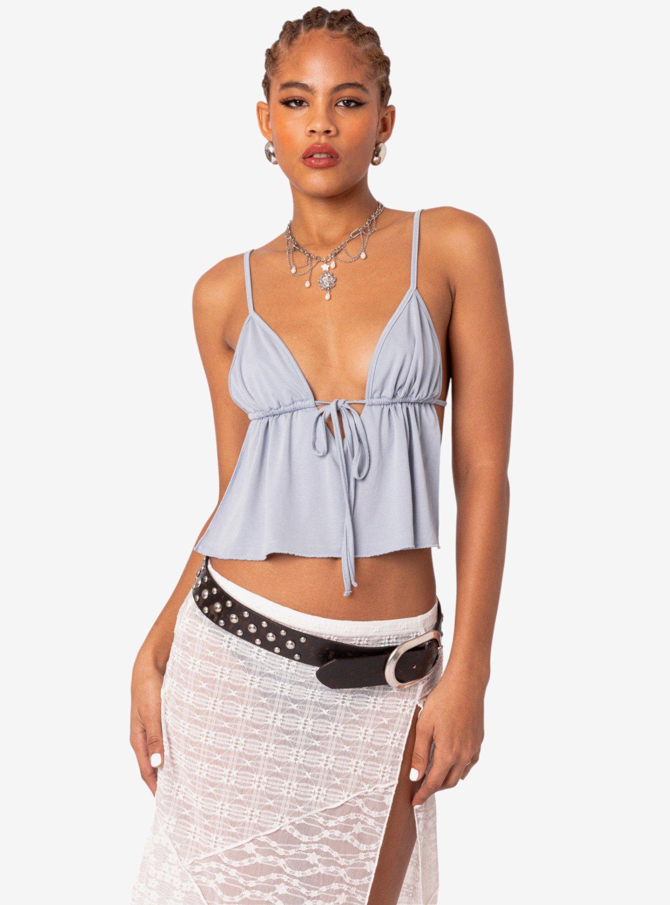 Rylee Tie Front Open Back Top Blue, BLUE, hi-res