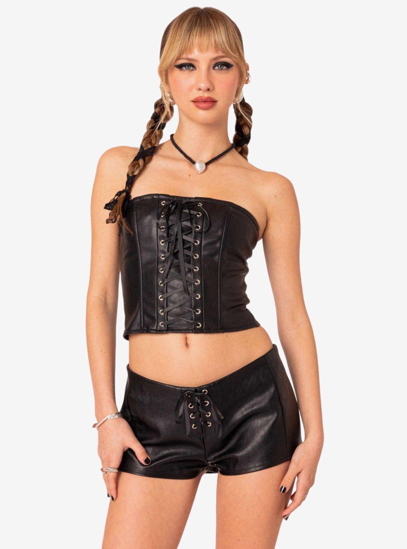 Edikted Wilde Lace Up Faux Leather Corset Top, BLACK, hi-res