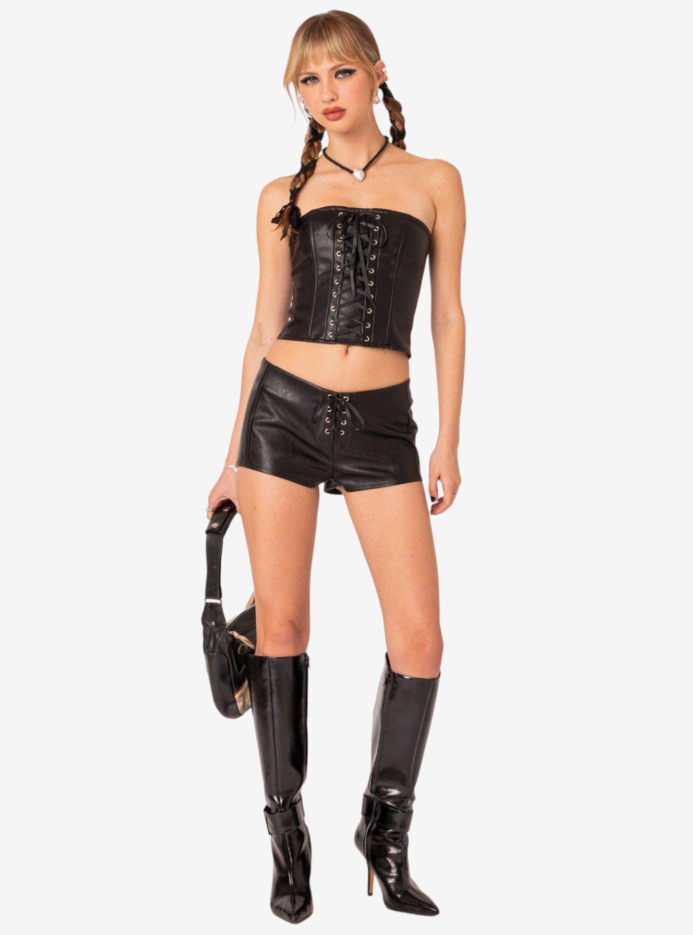 Edikted Wilde Lace Up Faux Leather Shorts, BLACK, hi-res