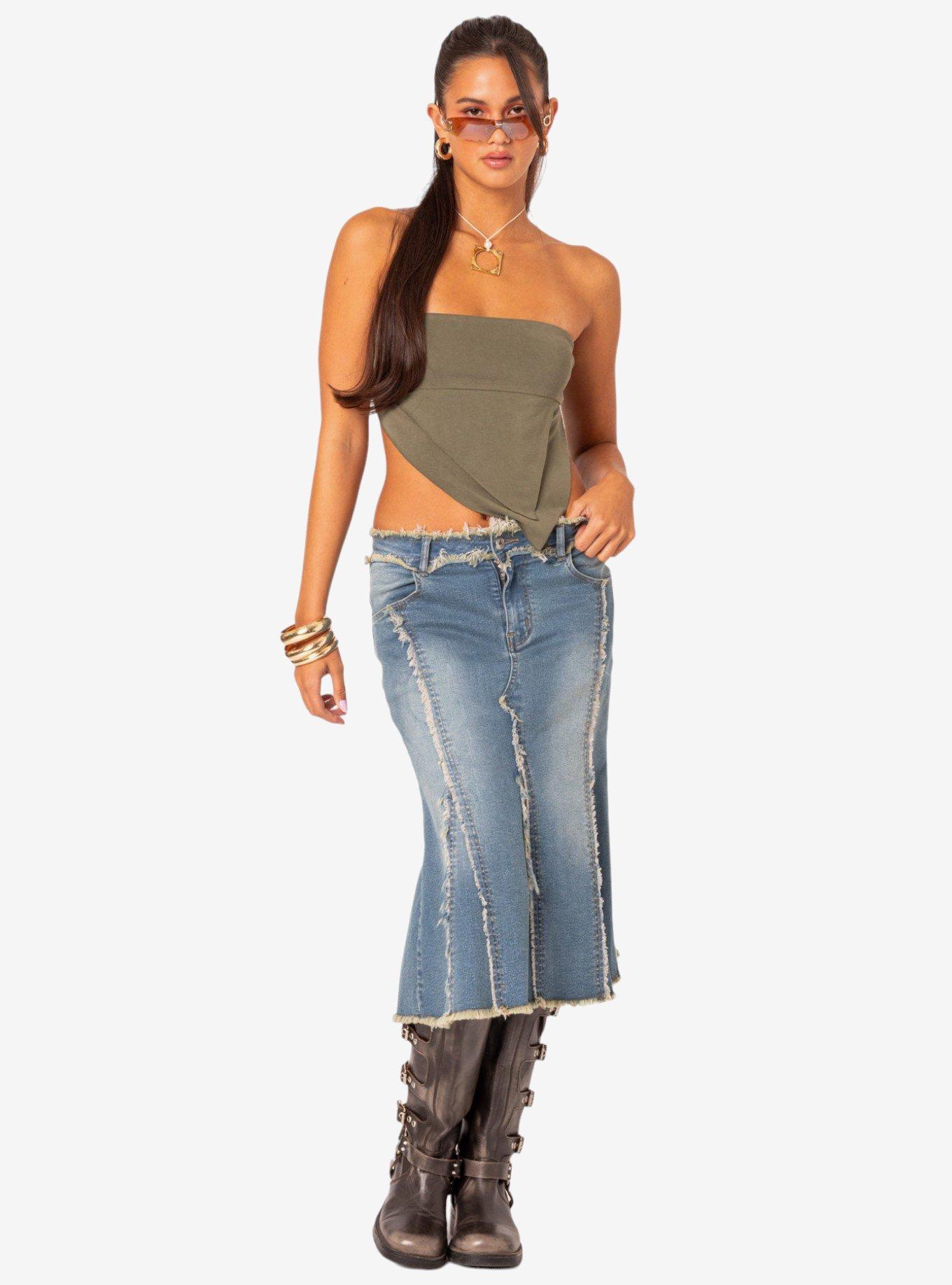 Arabella Distressed Denim Midi Skirt, BLUE, hi-res