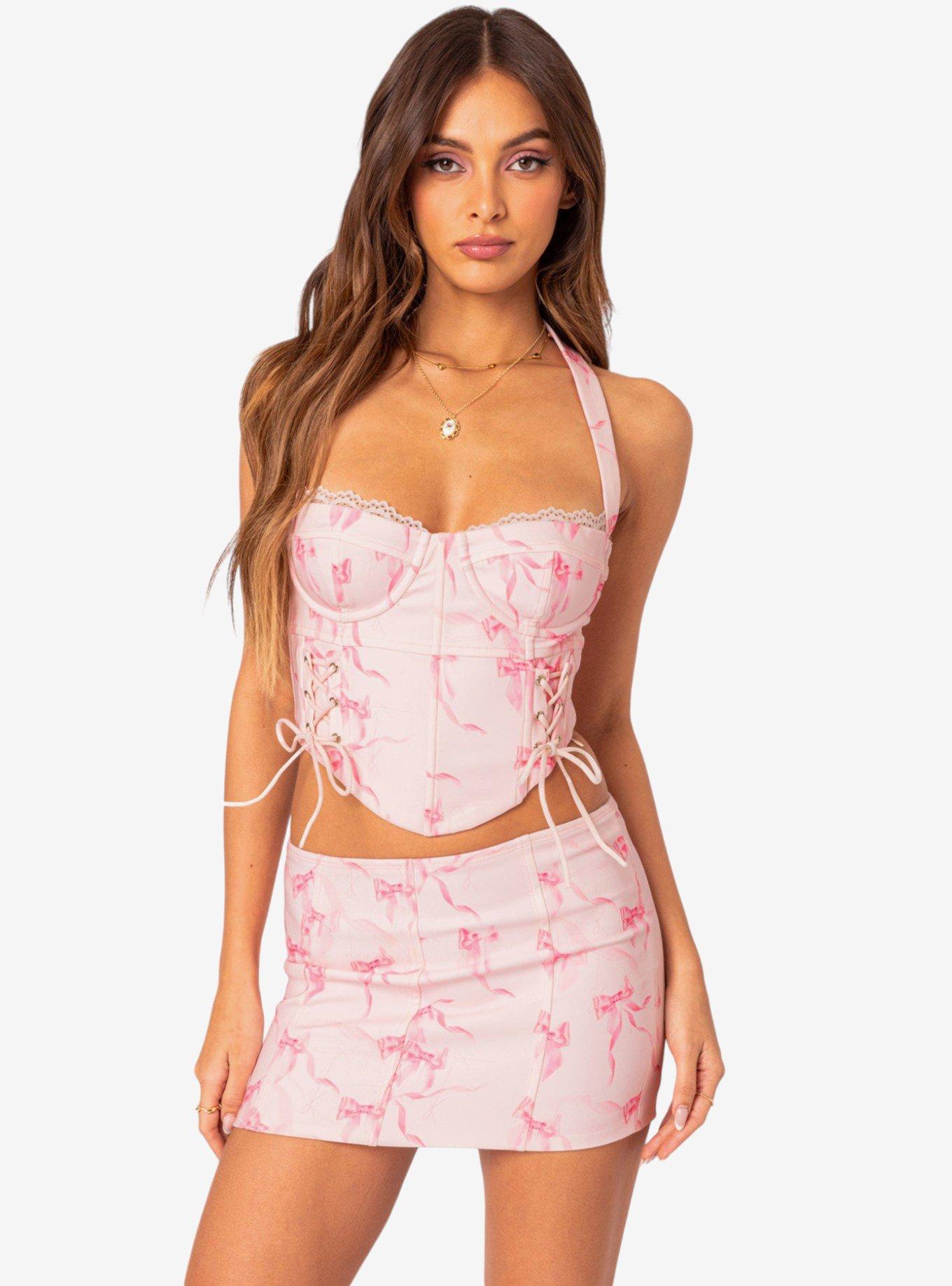 Edikted Makayla Printed Corset Top, PINK, hi-res