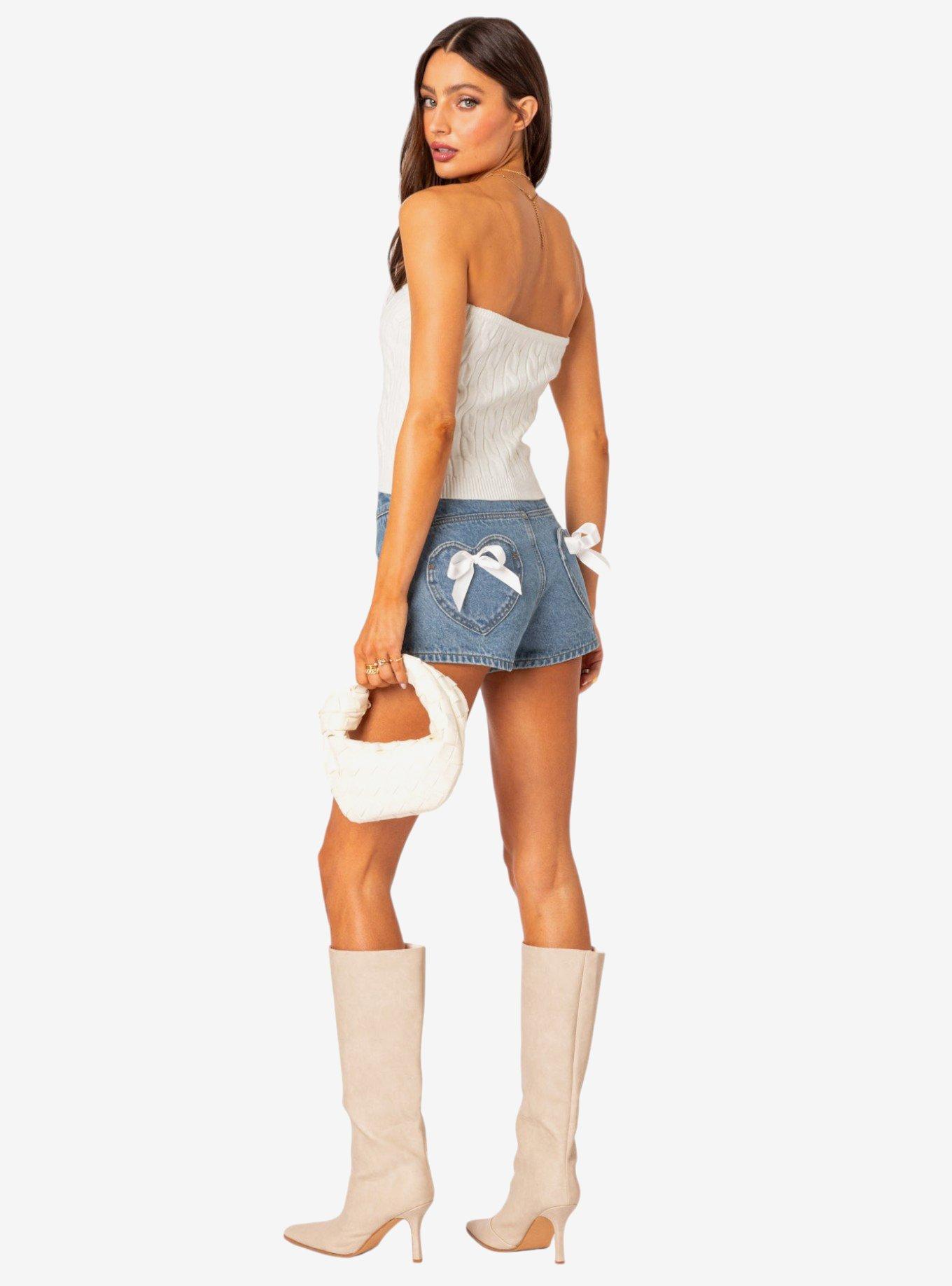Edikted Bow Pocket Washed Denim Shorts, BLUE, hi-res