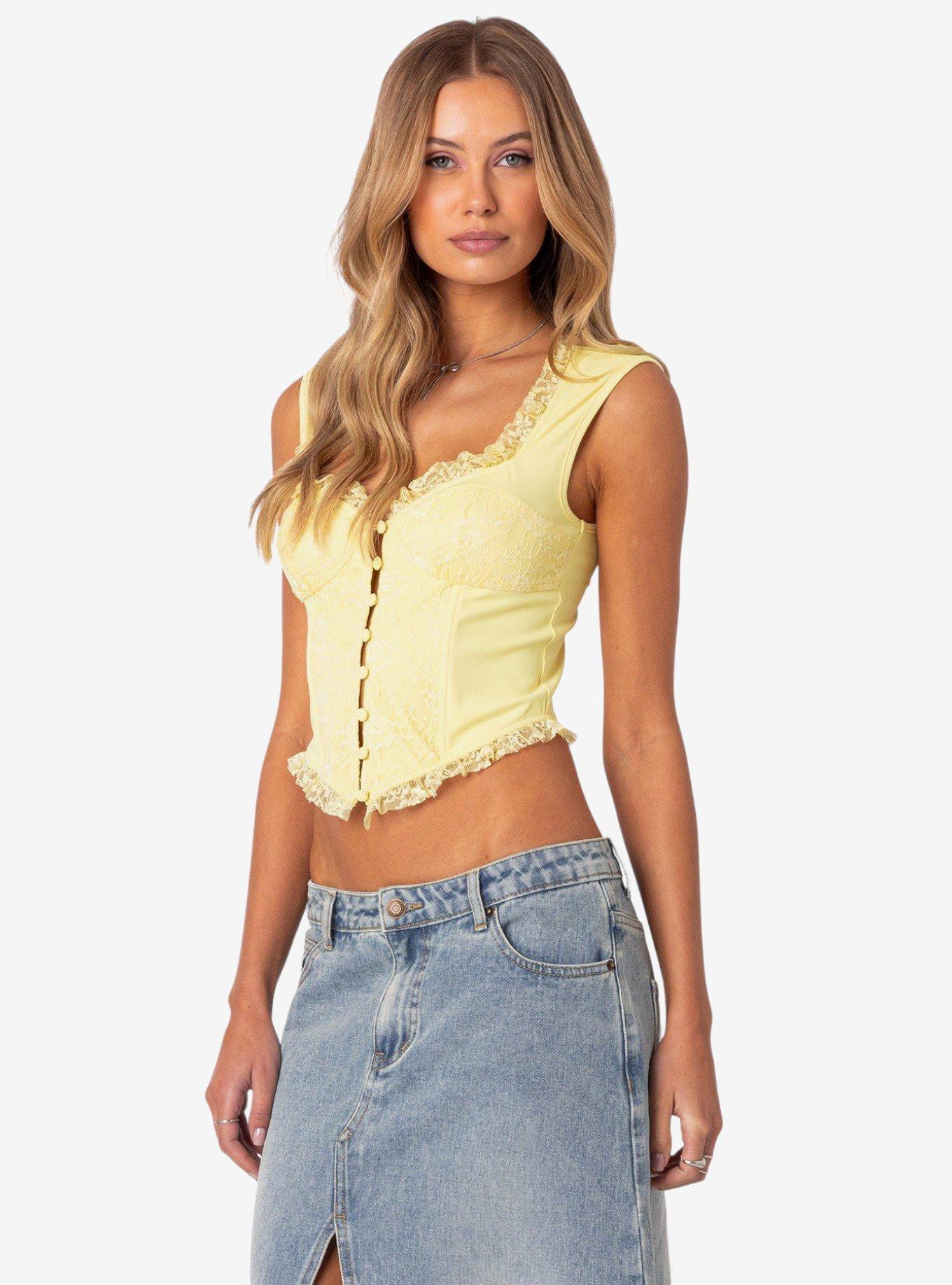 Edikted Button Front Lacey Corset Top, BRIGHT YELLOW, hi-res