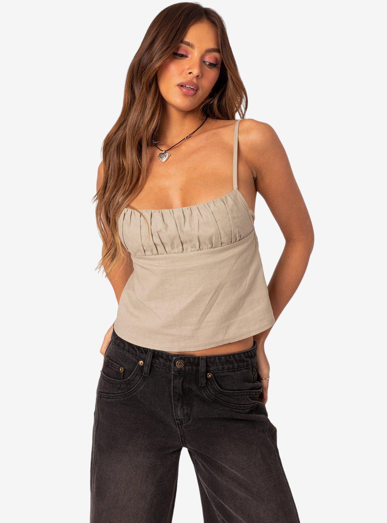 Linen Look Open Back Top, OLIVE, hi-res