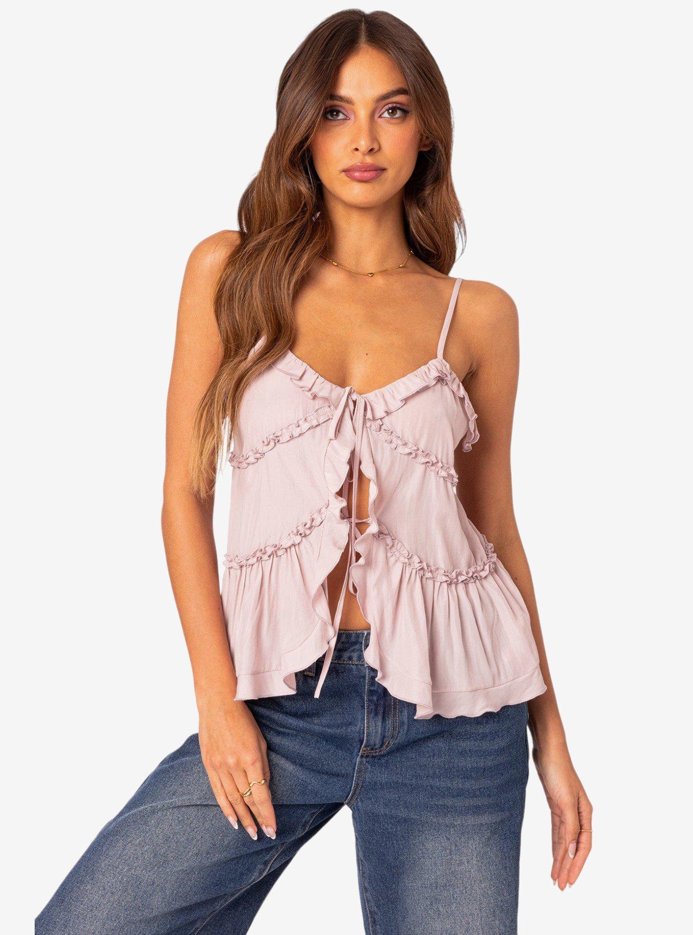 Juniper Tie Front Ruffled Top, PINK, hi-res view 1