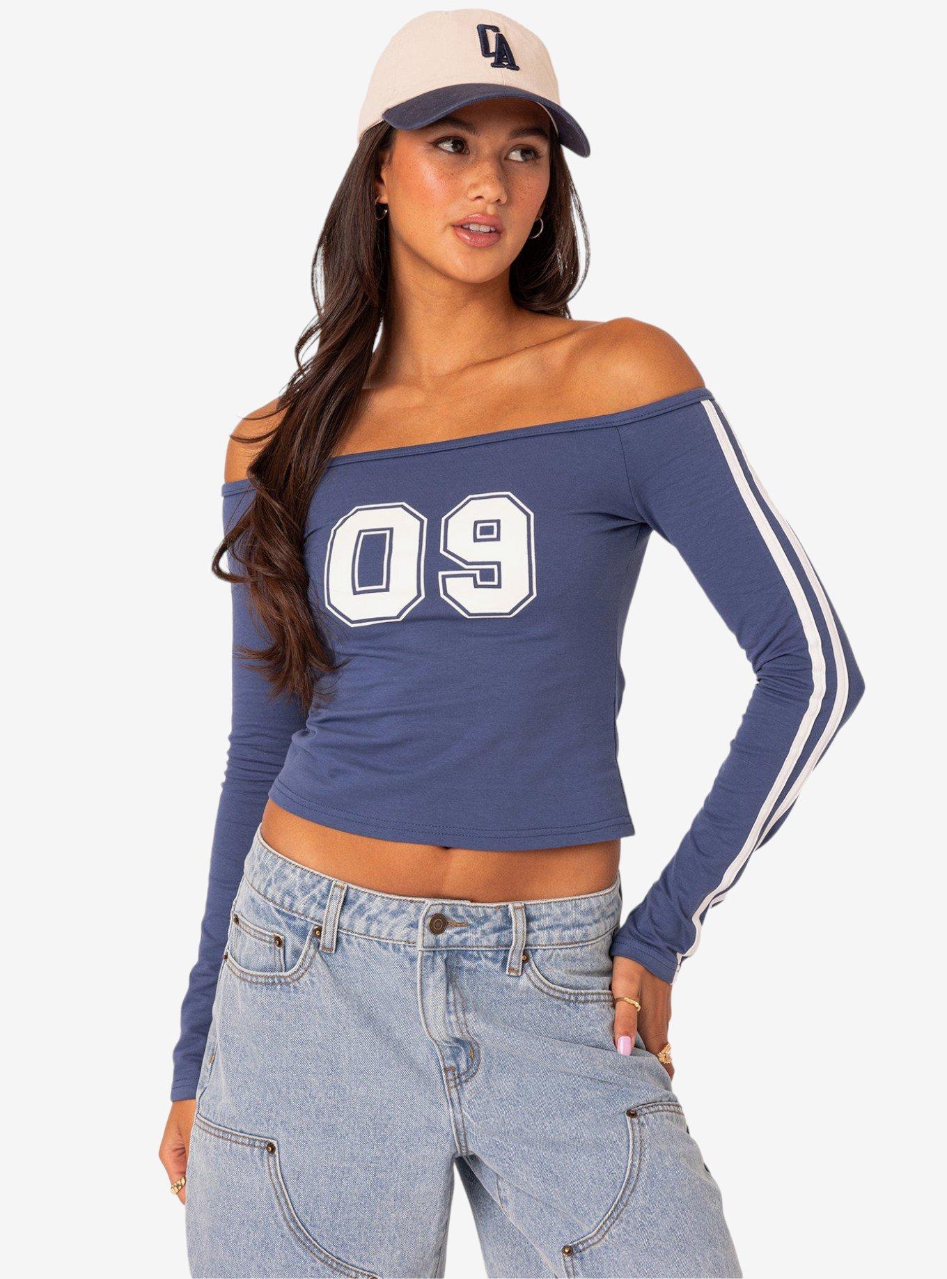 90's Off Shoulder Long Sleeve Shirt, BLUE, hi-res