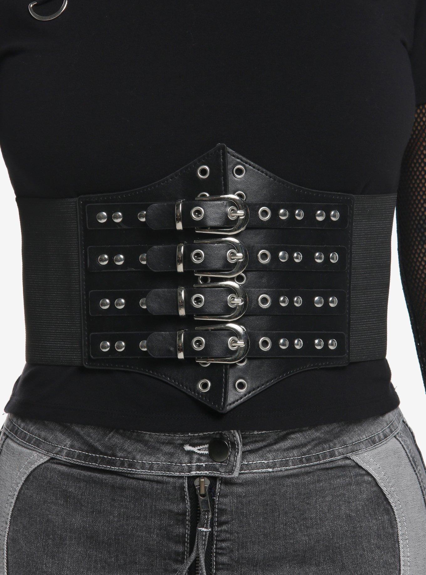 Black & Silver Studded Buckle Corset Belt, , hi-res