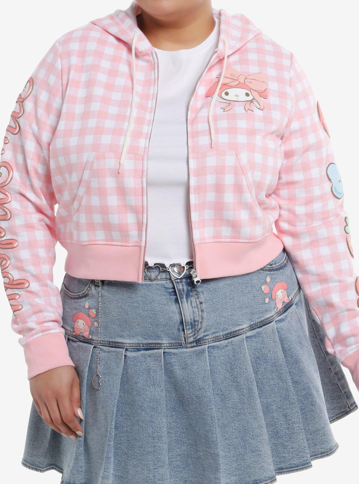My Melody Puff Print Gingham Girls Crop Hoodie Plus Size, , hi-res