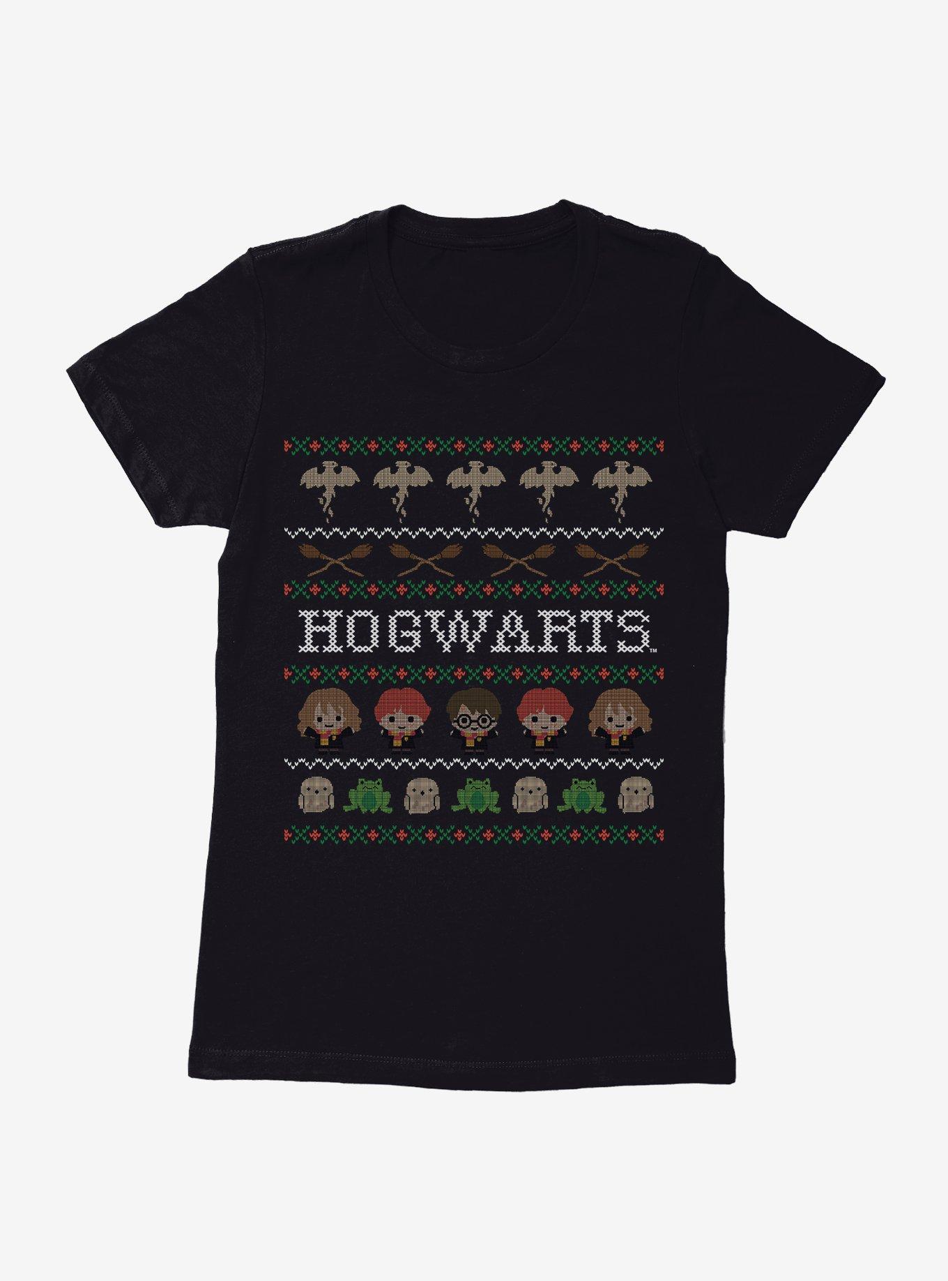 Harry Potter Hogwarts Ugly Christmas Pattern Womens T-Shirt, BLACK, hi-res