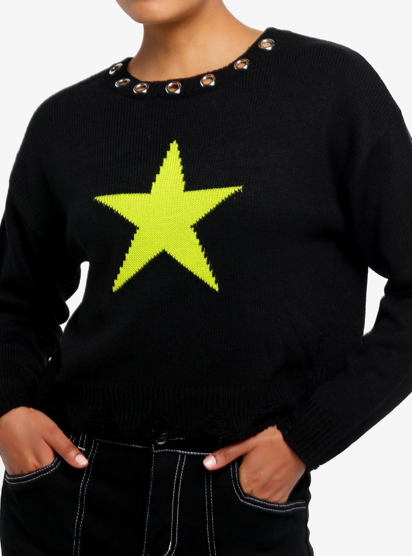 Black & Lime Green Star Grommet Girls Sweater, , hi-res