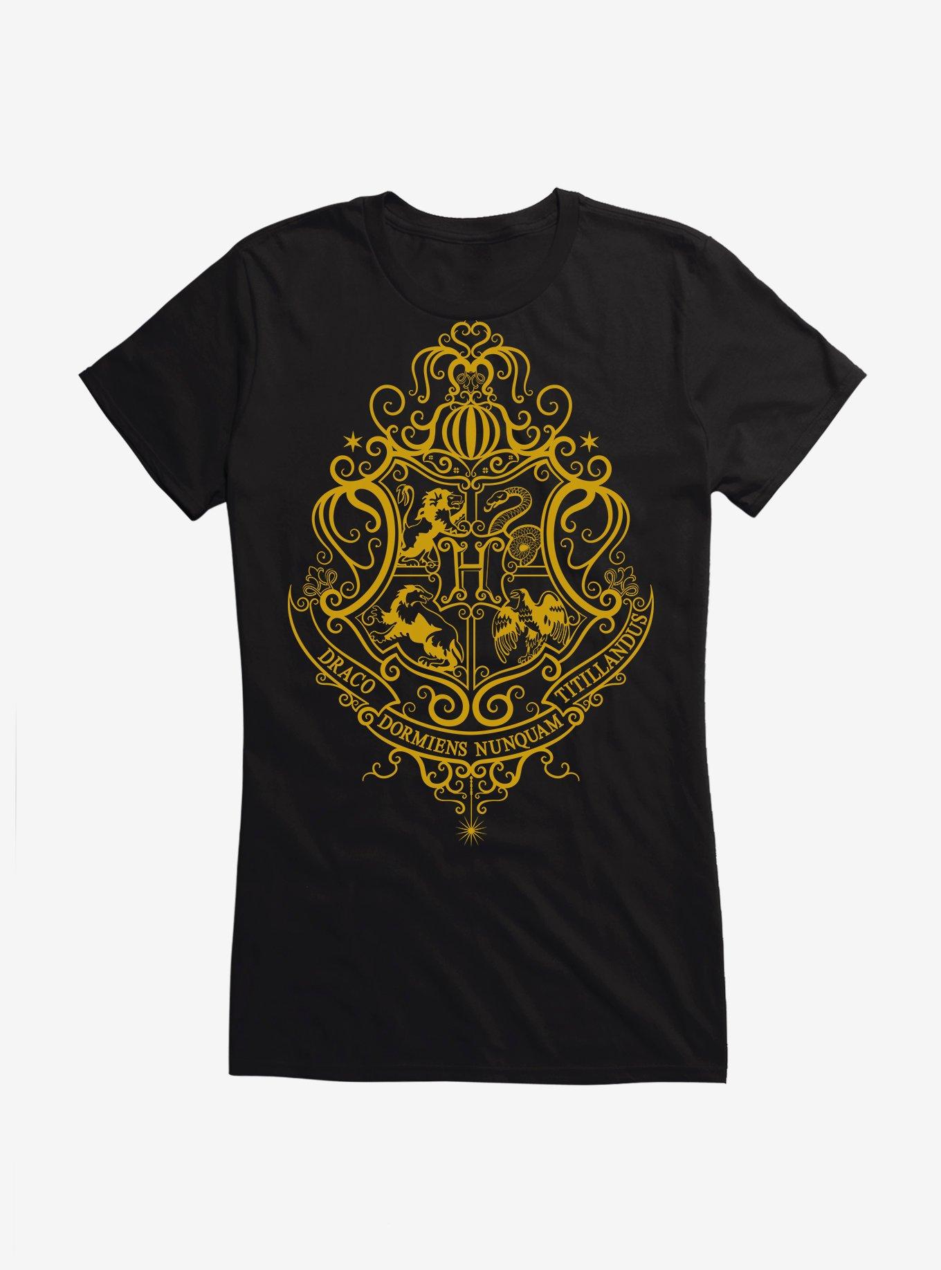 Harry Potter Hogwarts Shield Yellow Outline Girls T-Shirt, , hi-res