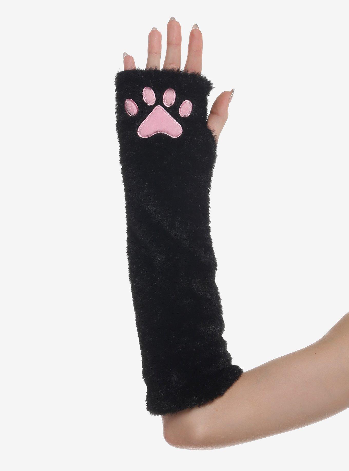 Black Cat Paw Fuzzy Arm Warmers, , hi-res