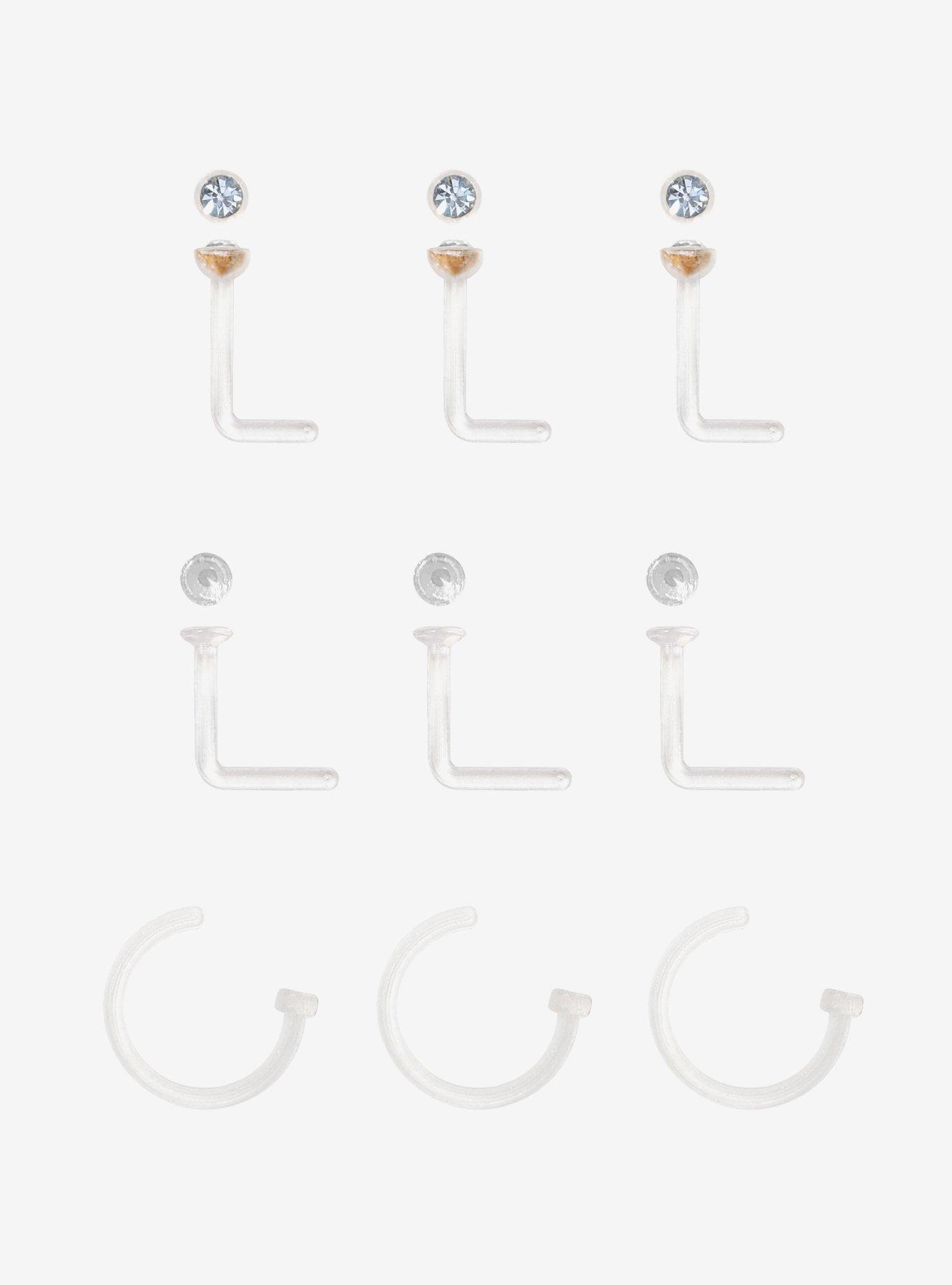 Plastic Bling Retainer Nose Stud & Hoop 9 Pack, SILVER, hi-res