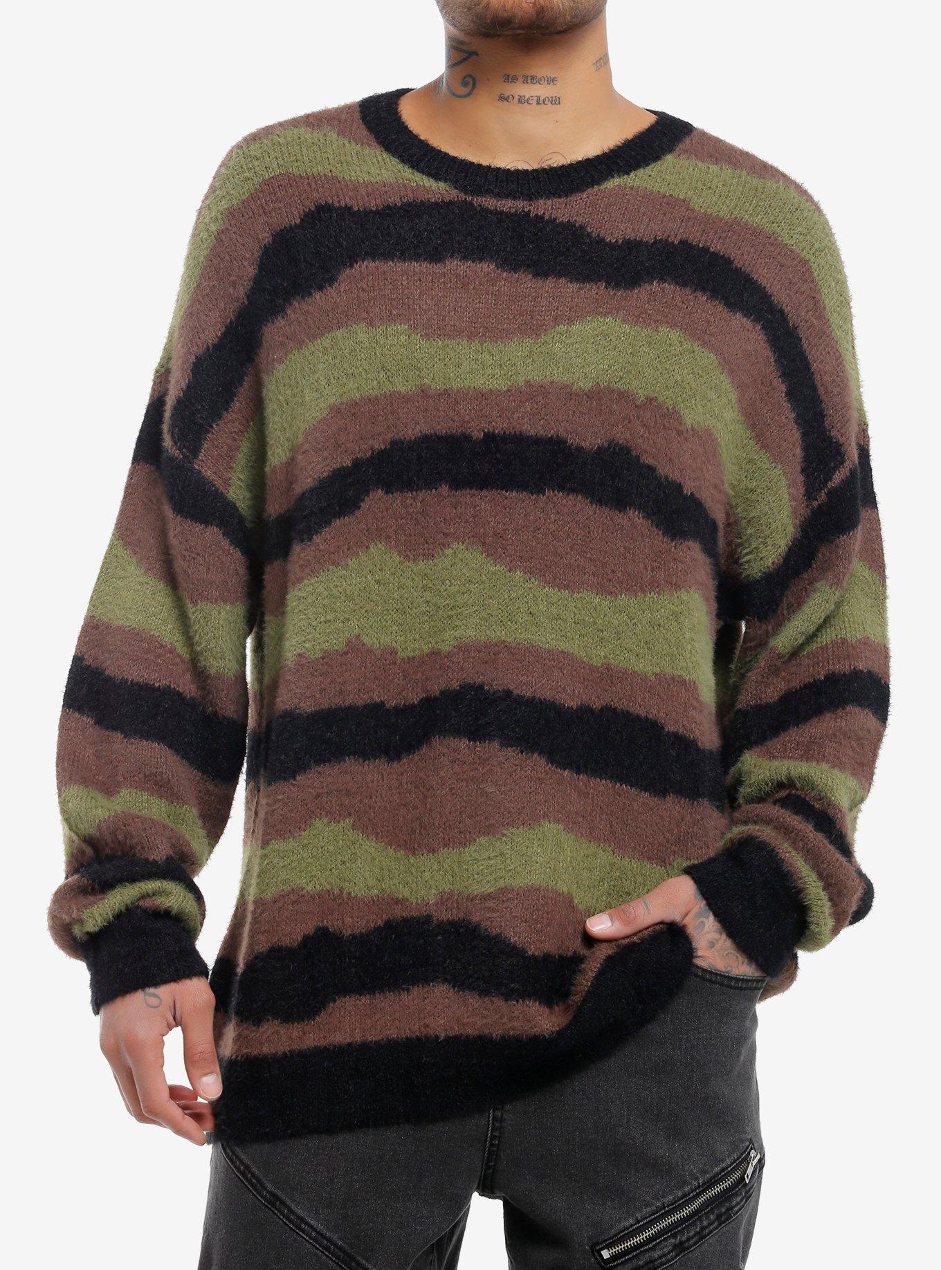 Brown & Green Wavy Stripe Fuzzy Sweater, , hi-res