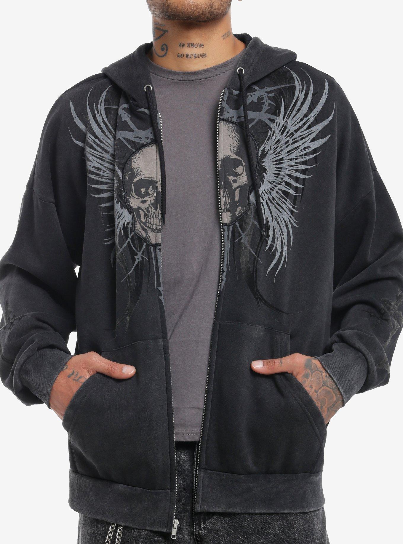 Social Collision Wing & Skull Appliqué Hoodie, , hi-res