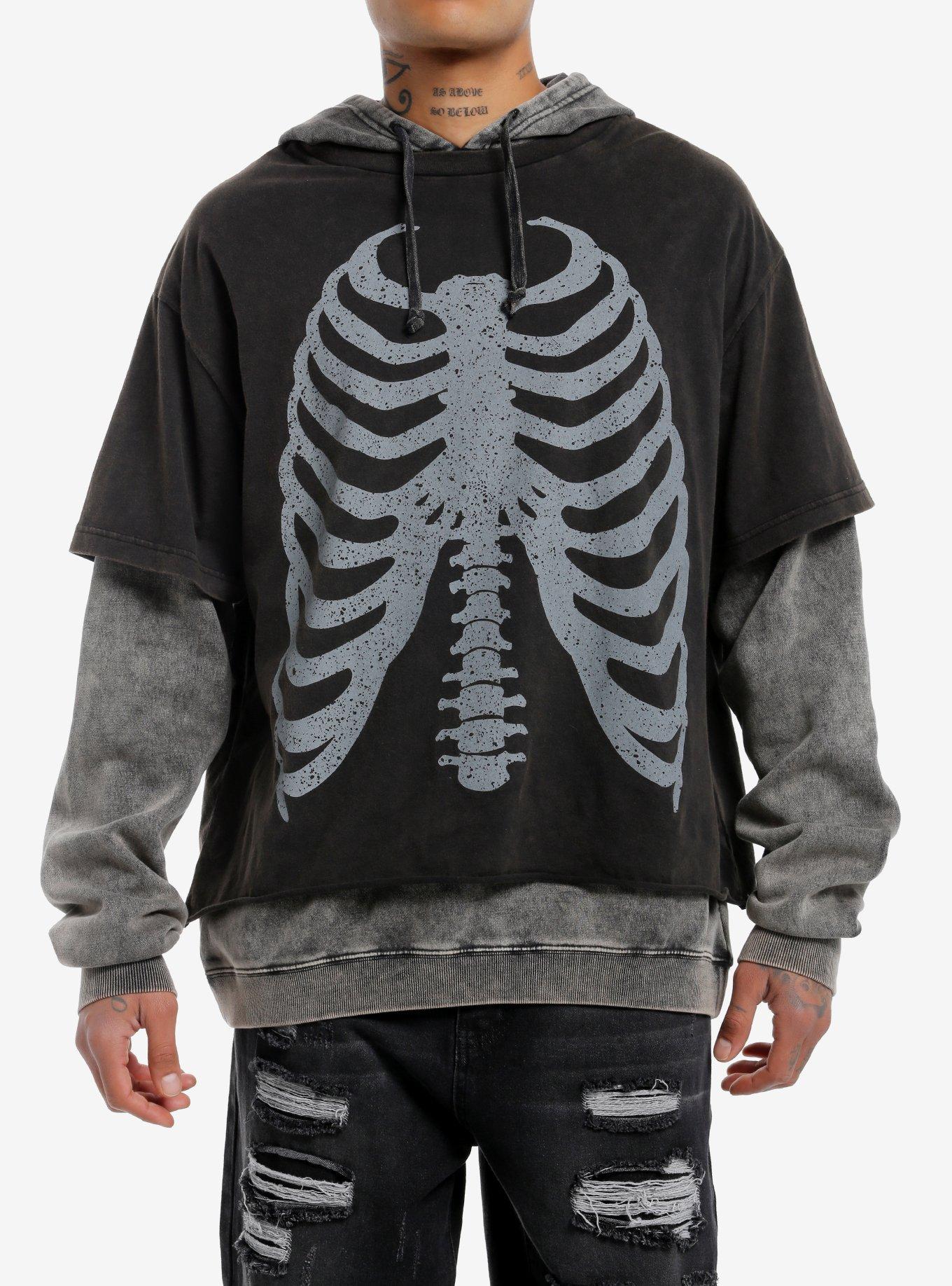 Rib Cage Grey Wash Oversized Twofer Hoodie, , hi-res