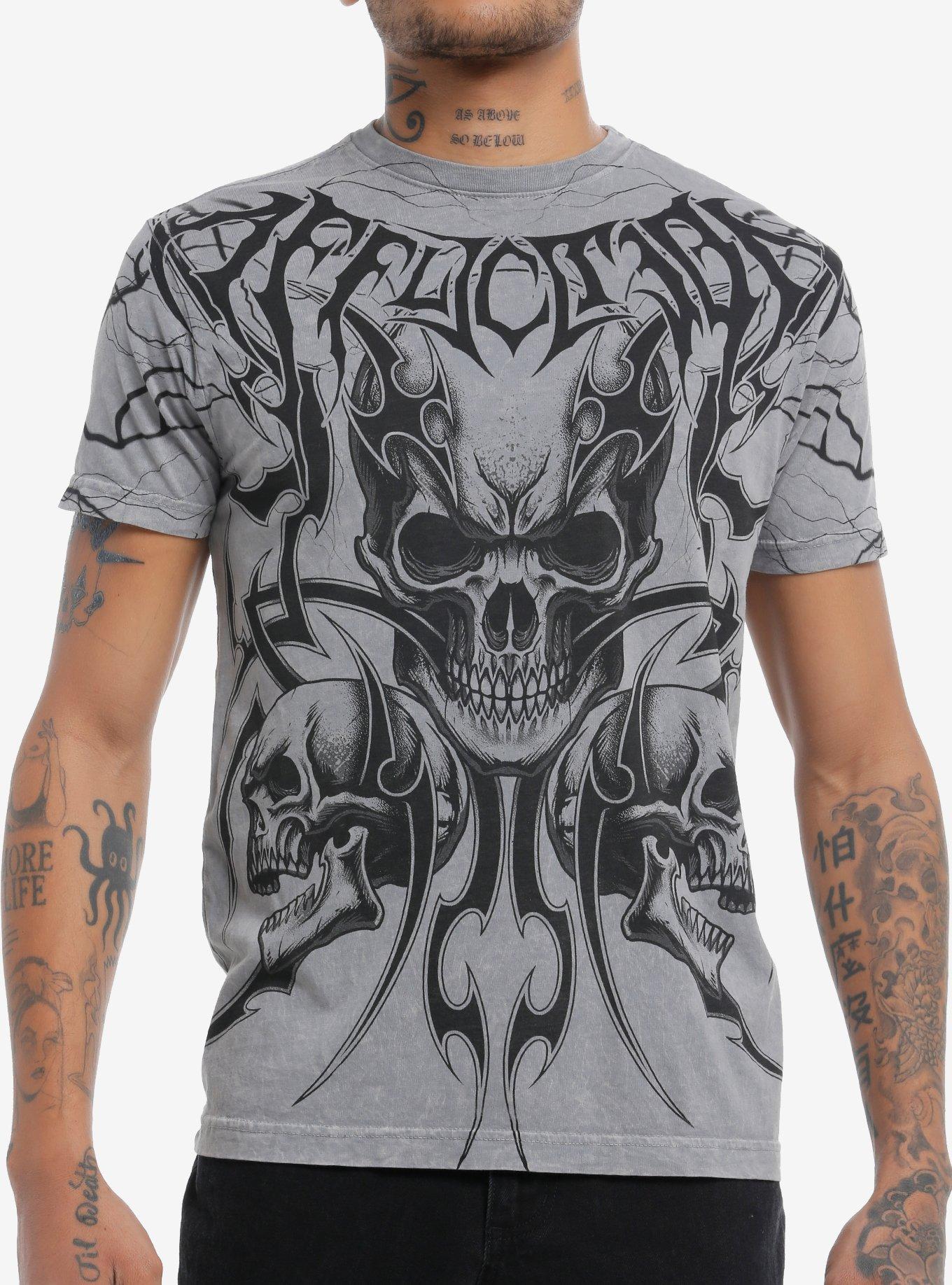 Affliction Tribal Skull Trio Grey Wash T-Shirt, GREY, hi-res
