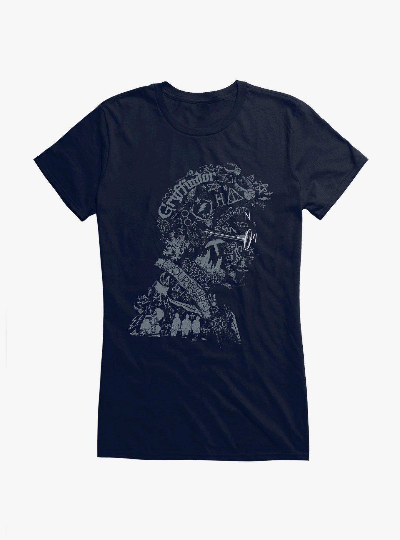 Harry Potter Harry Profile Word Collage Girls T-Shirt, NAVY, hi-res