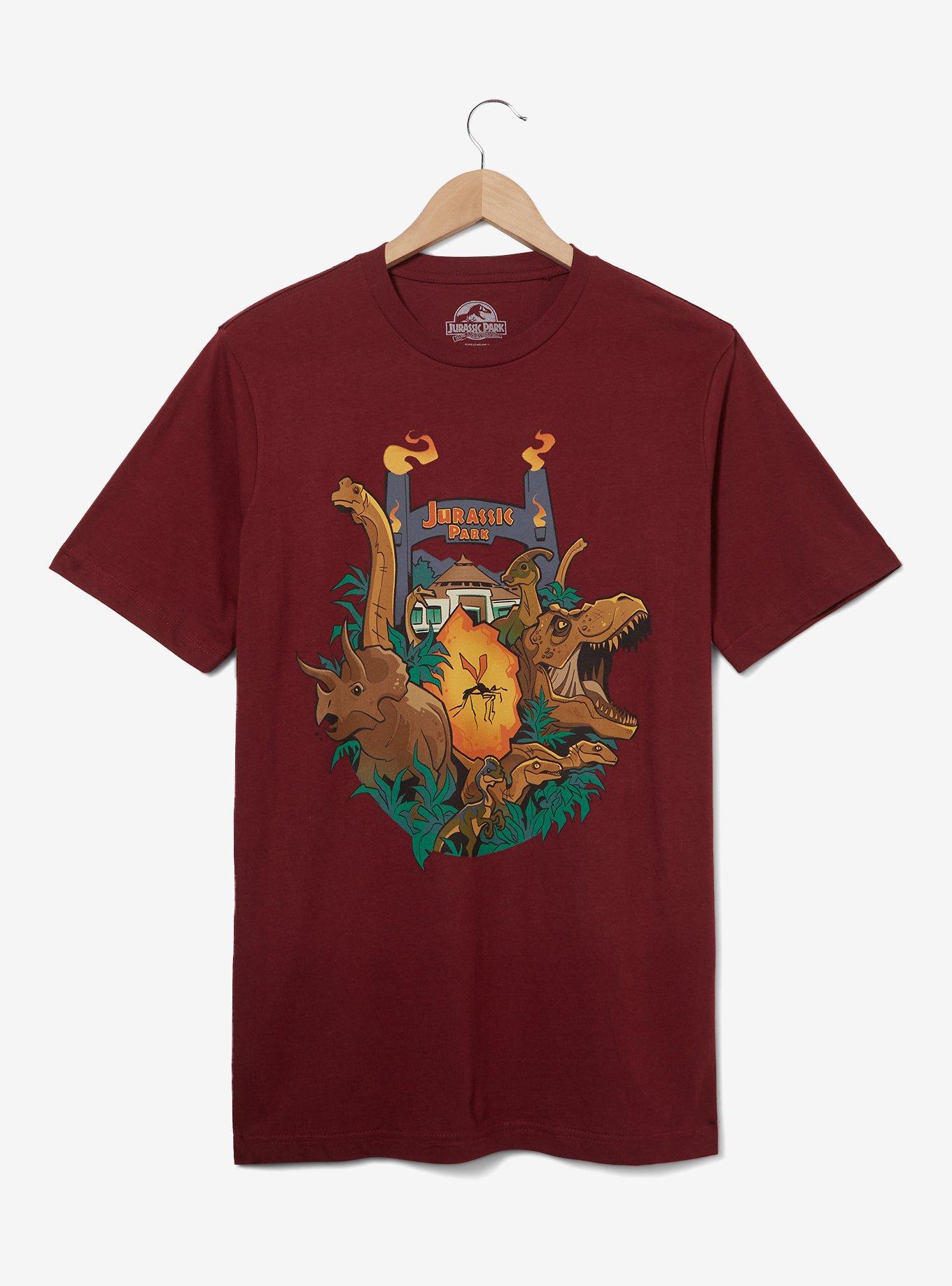 Jurassic Park 30th Anniversary Dinosaur Park Gates Fan Art T-Shirt - BoxLunch Exclusive, RED, hi-res