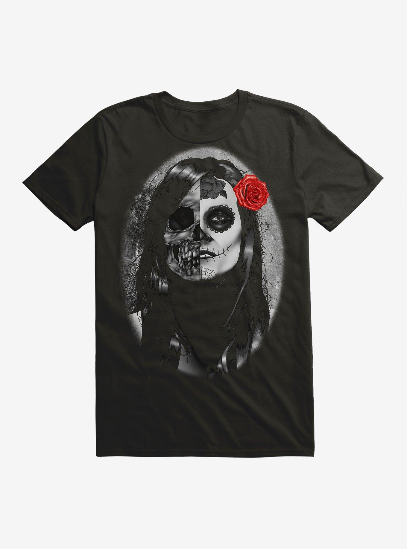 Muertos Girl Half Skull T-Shirt, BLACK, hi-res