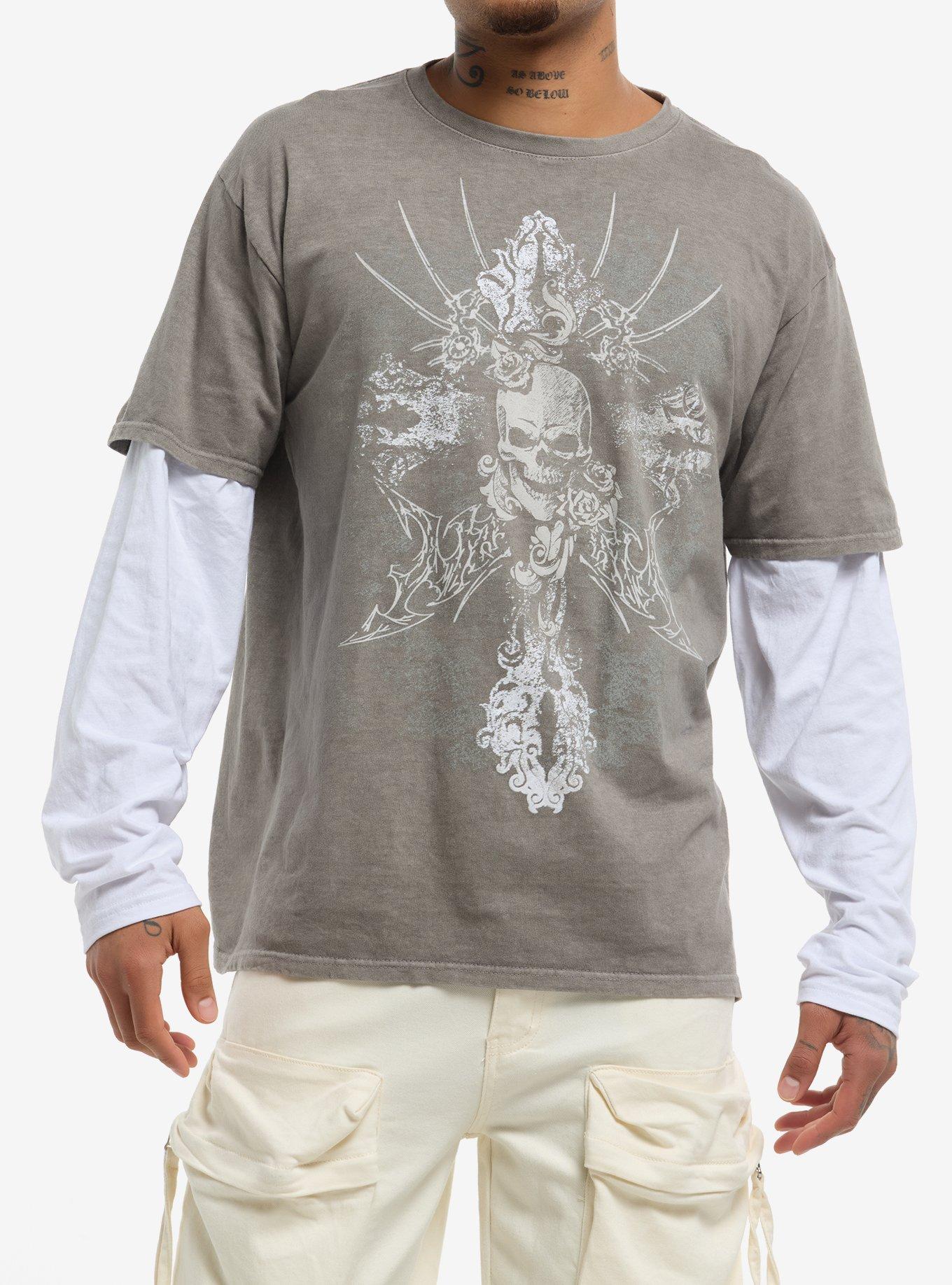 Spiked Tribal Gothic Cross & Skull Twofer Long-Sleeve T-Shirt, , hi-res
