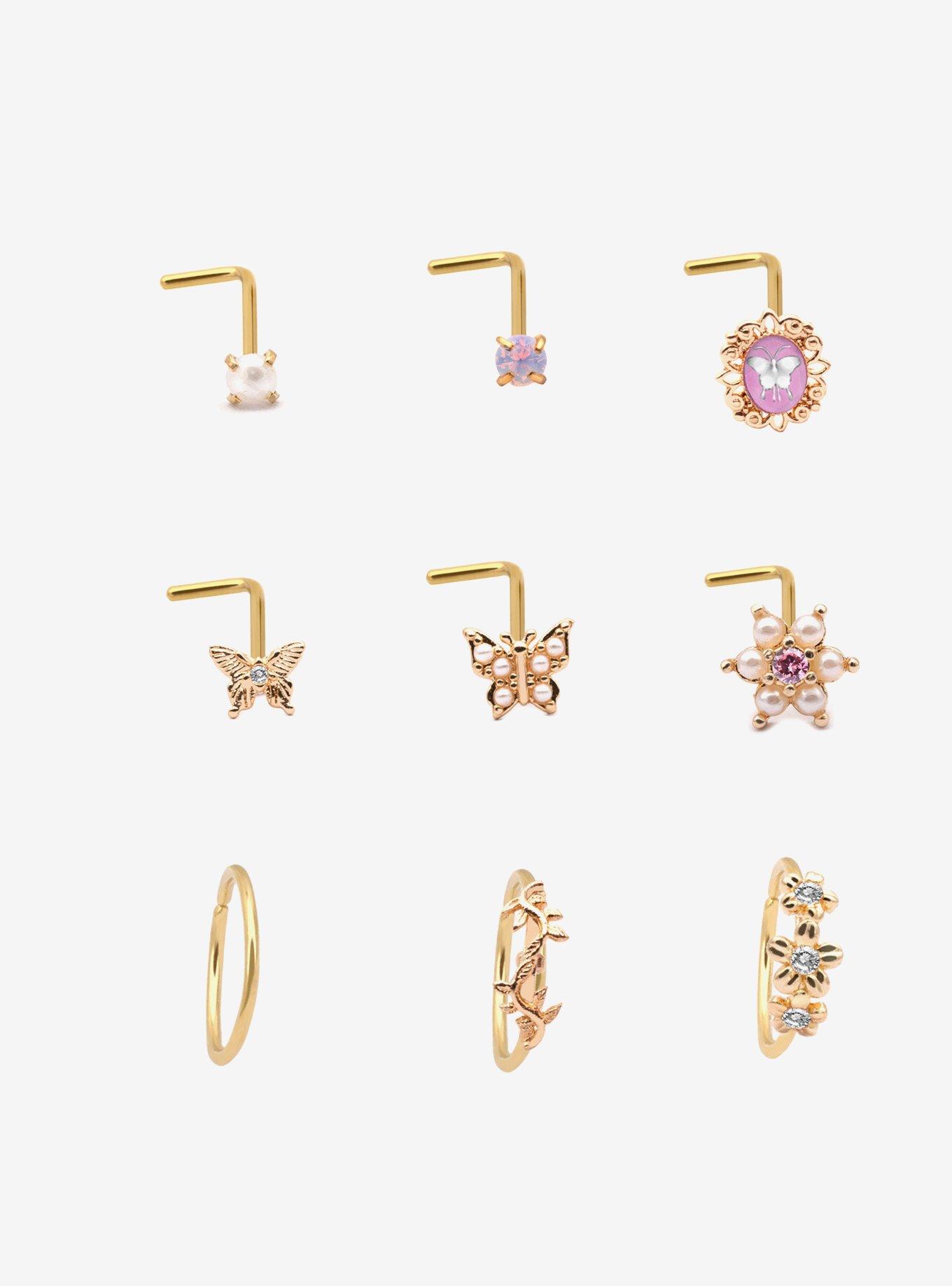 Steel Butterfly Flower Nose Stud & Hoop 9 Pack, , hi-res