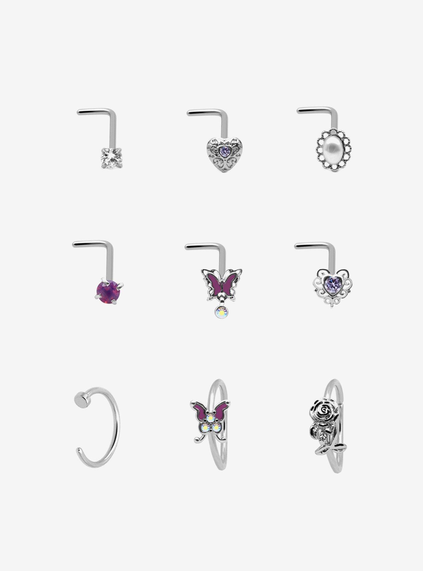 Steel Butterfly Heart Rose Nose Stud & Hoop 9 Pack, , hi-res