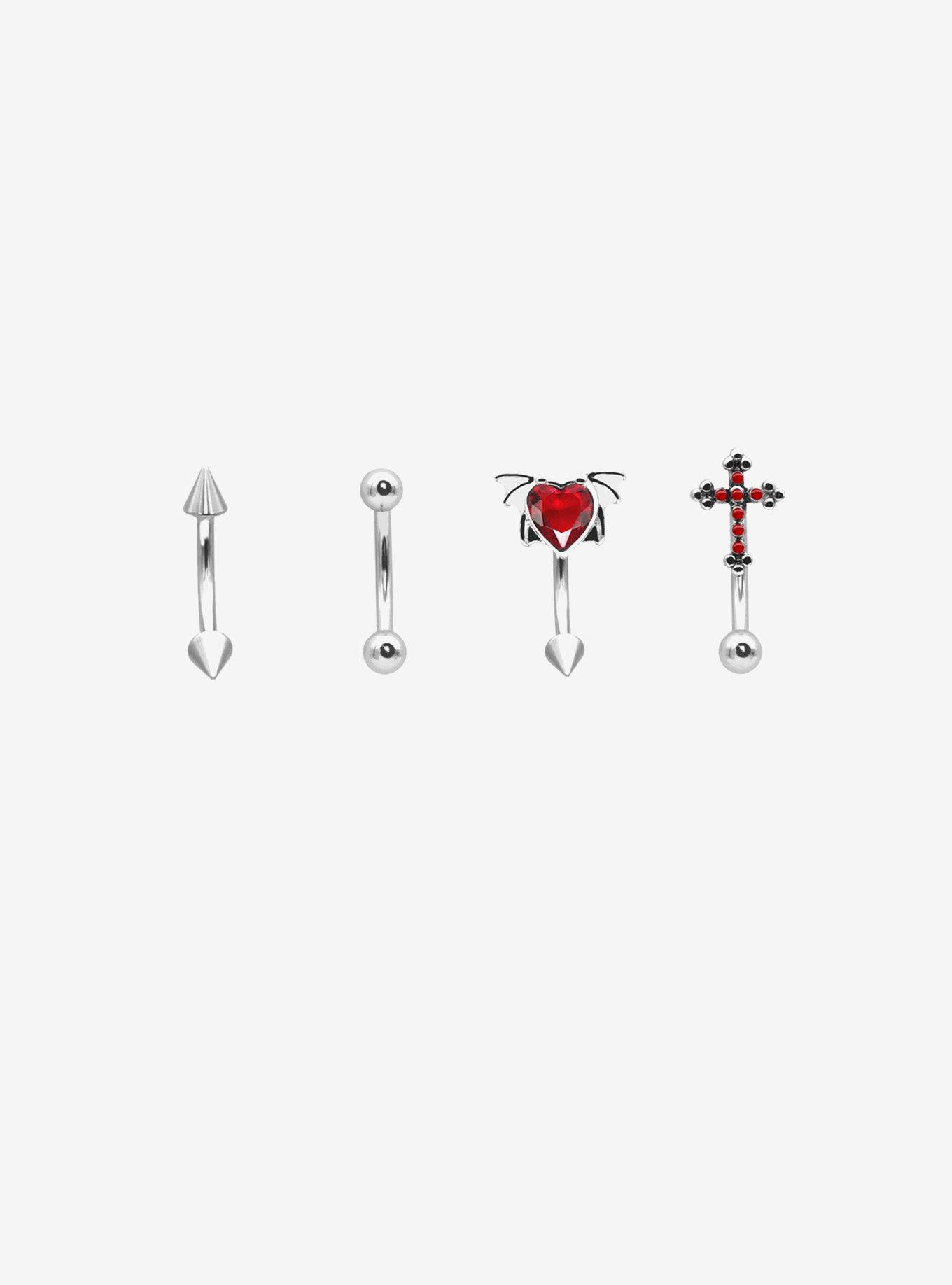16G Steel Cross Heart Spike Eyebrow Barbell 4 Pack, , hi-res