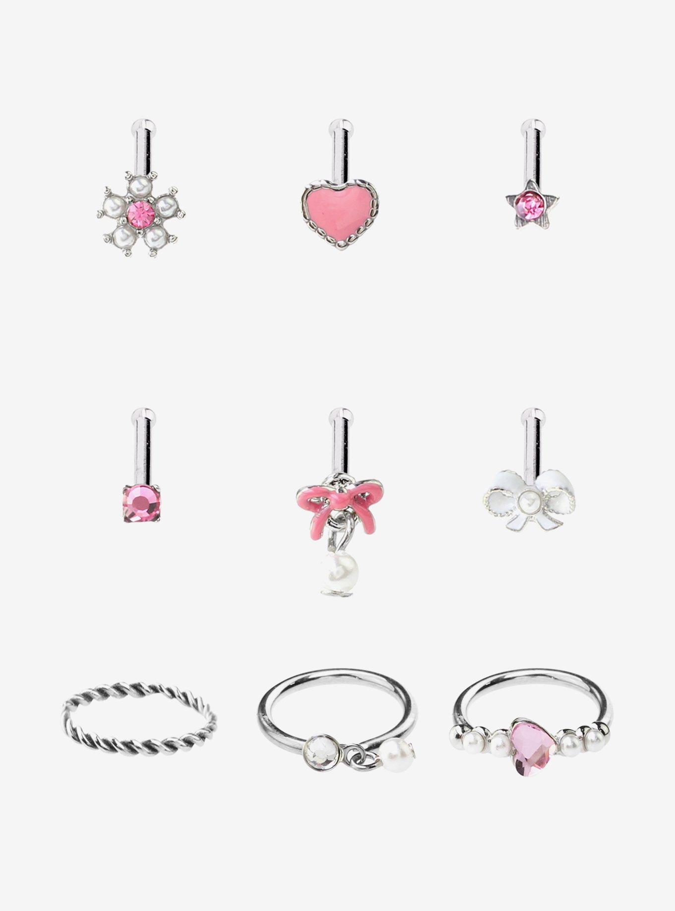 Steel Heart Bow Star Nose Stud & Hoop 9 Pack, , hi-res