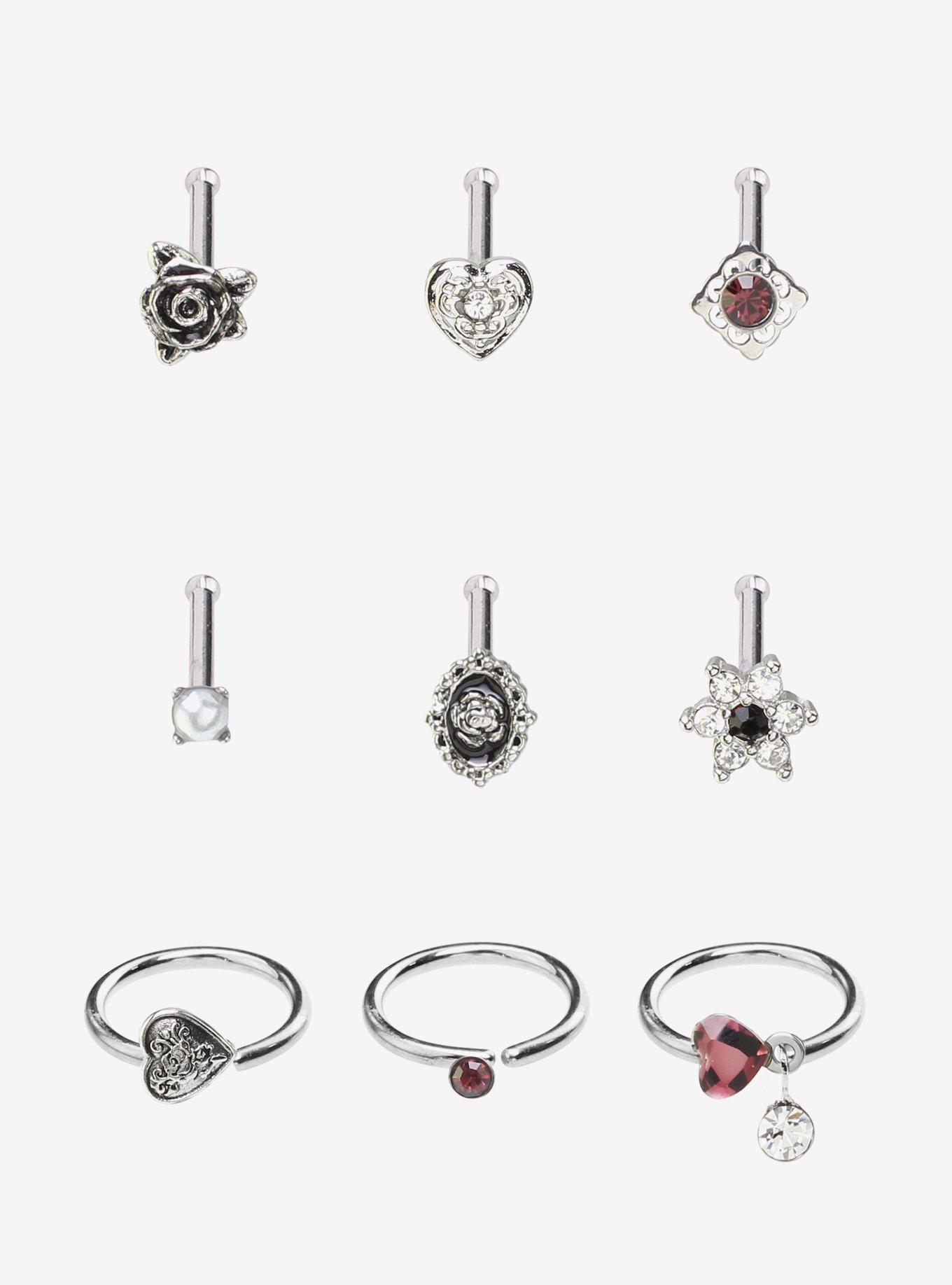 Steel Silver Rose & Cameo Nose Stud & Hoop 9 Pack, , hi-res