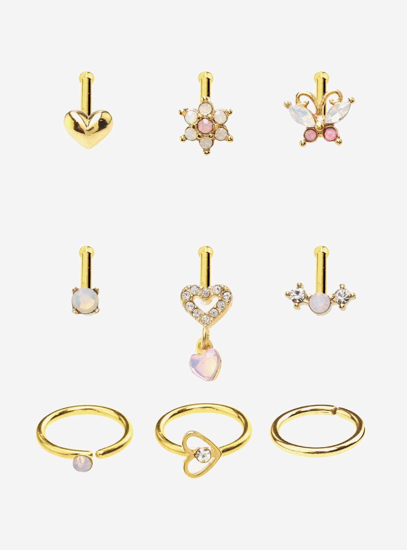 Steel Gold Jeweled Heart Nose Stud & Hoop 9 Pack, , hi-res