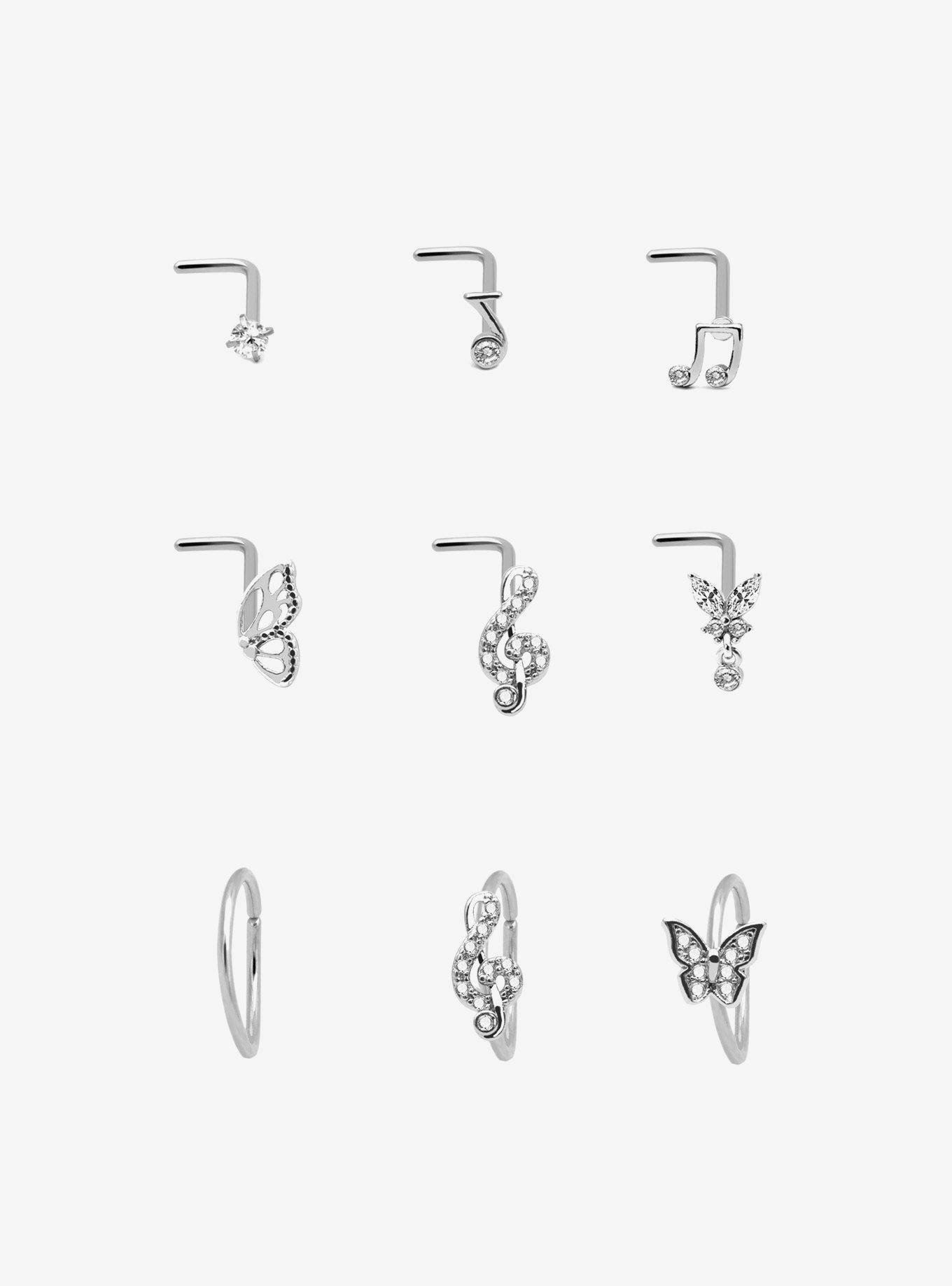 Steel Musical Note Butterfly Nose Stud & Hoop 9 Pack, , hi-res
