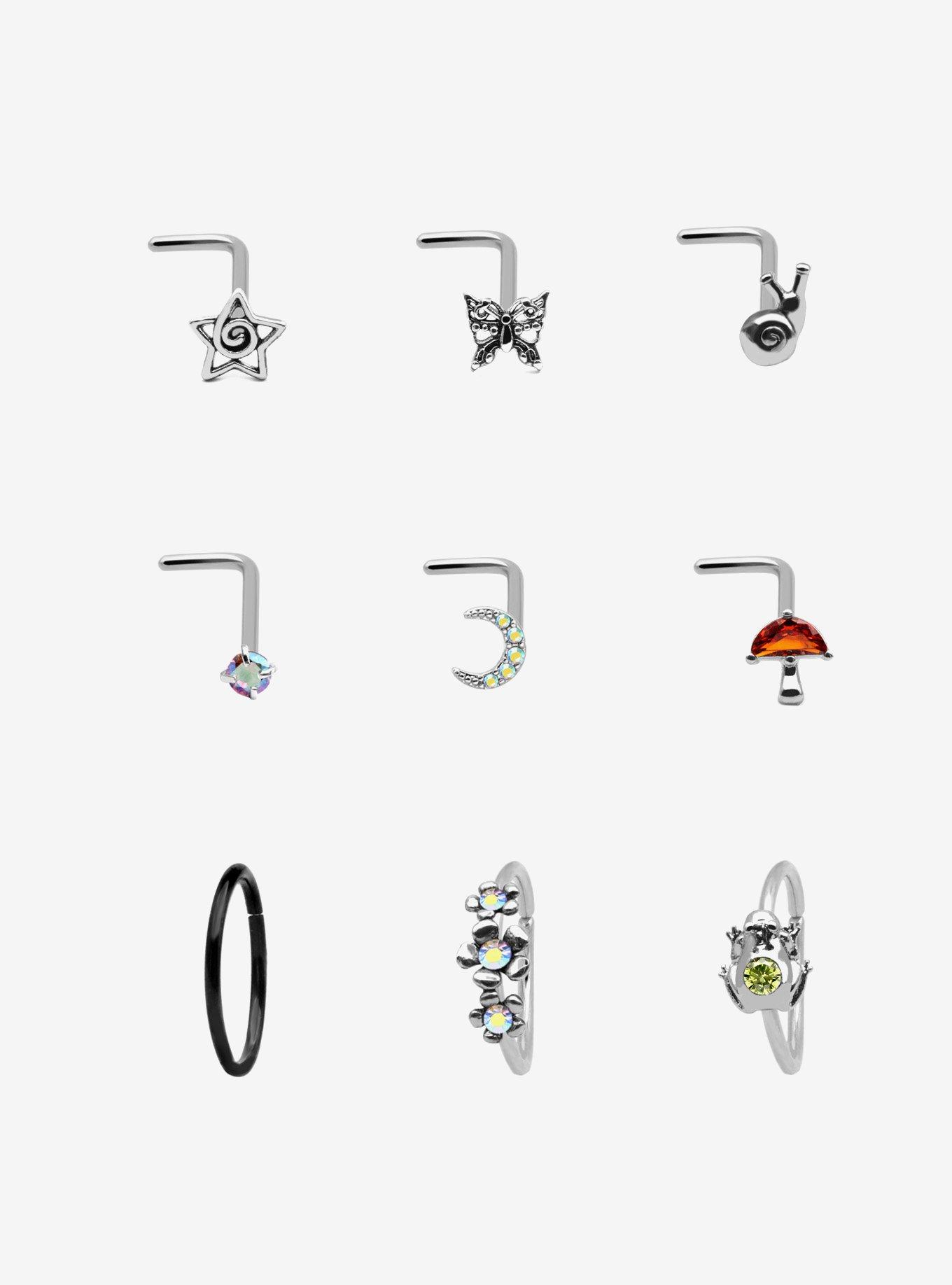 Steel Star Mushroom Frog Nose Stud & Hoop 9 Pack, , hi-res