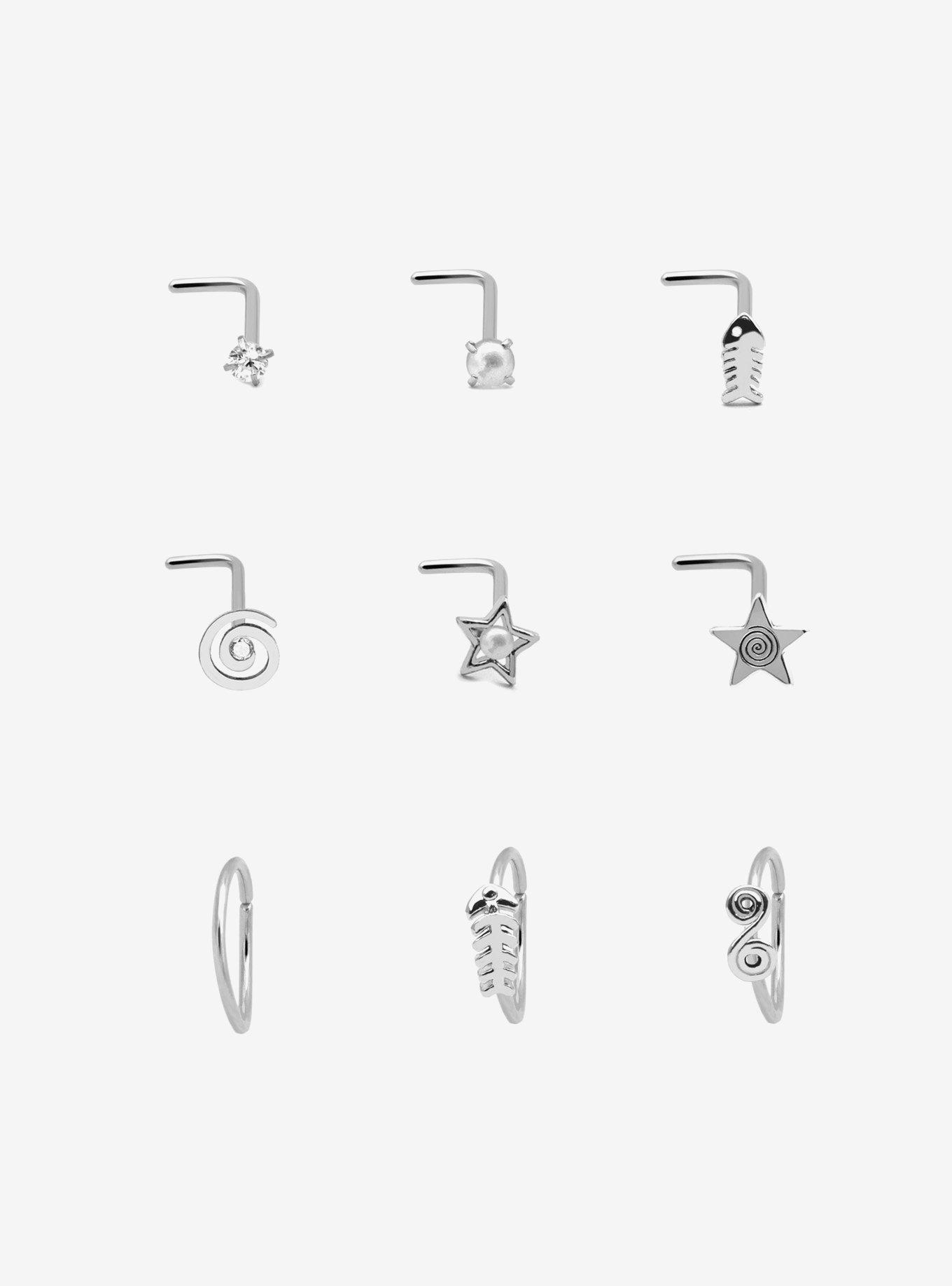 Steel Star Fish Bone Swirl Nose Stud & Hoop 9 Pack, , hi-res