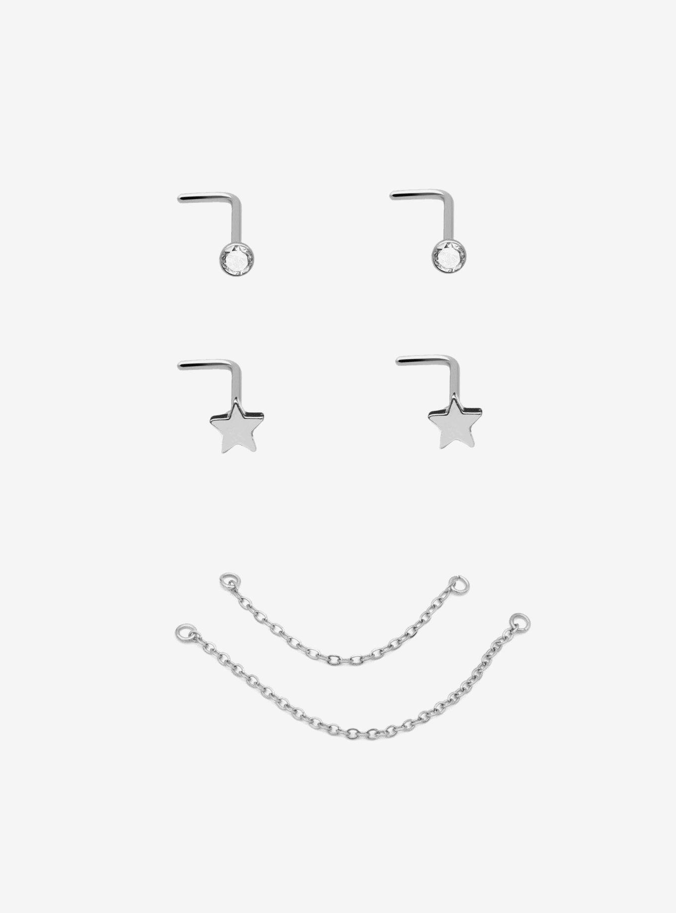 Steel Star Gem Nose Stud & Chain 2 Pack, SILVER, hi-res