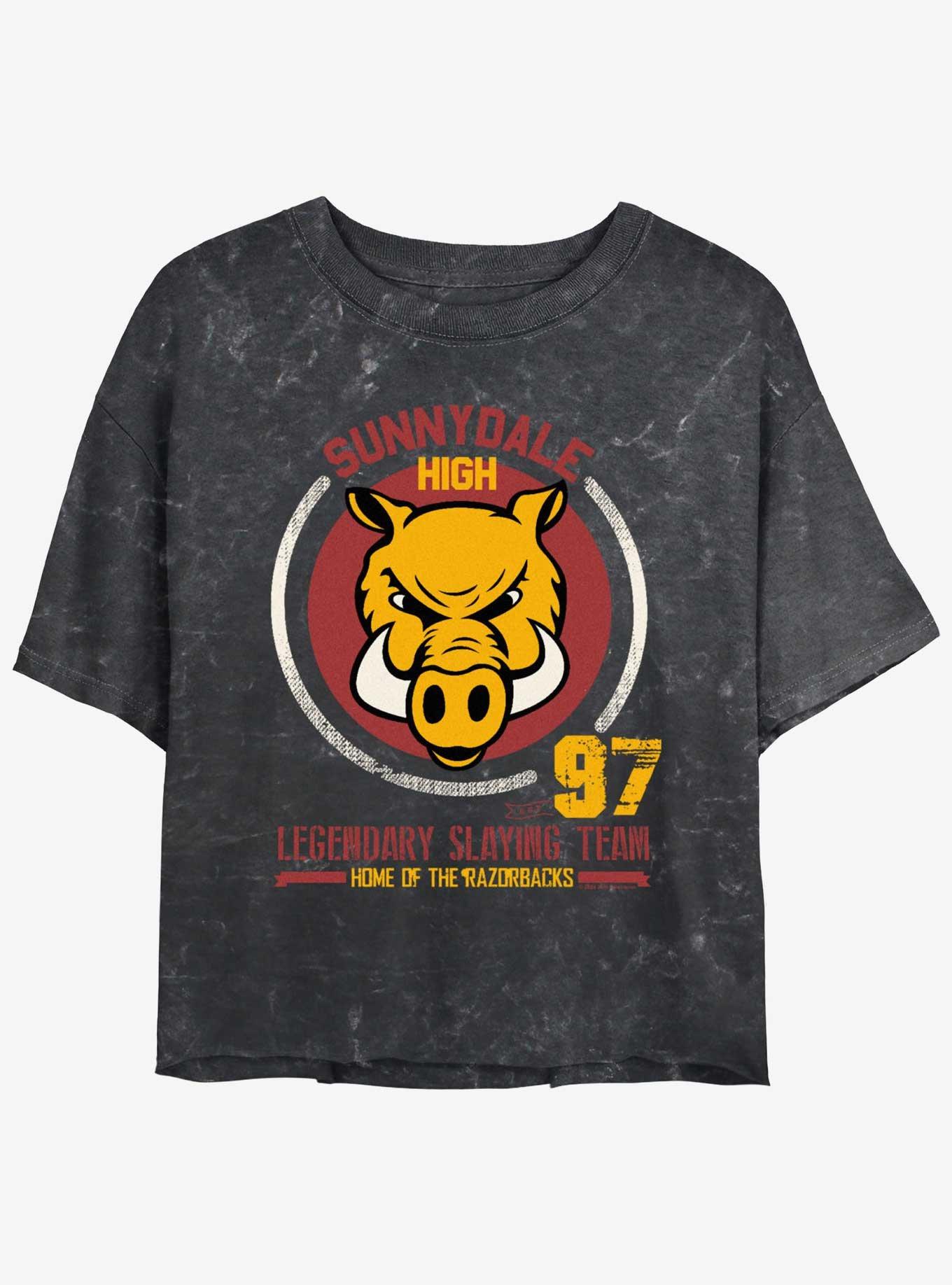 Buffy The Vampire Slayer Sundale Collegiate Girls Mineral Wash Crop T-Shirt, BLACK, hi-res