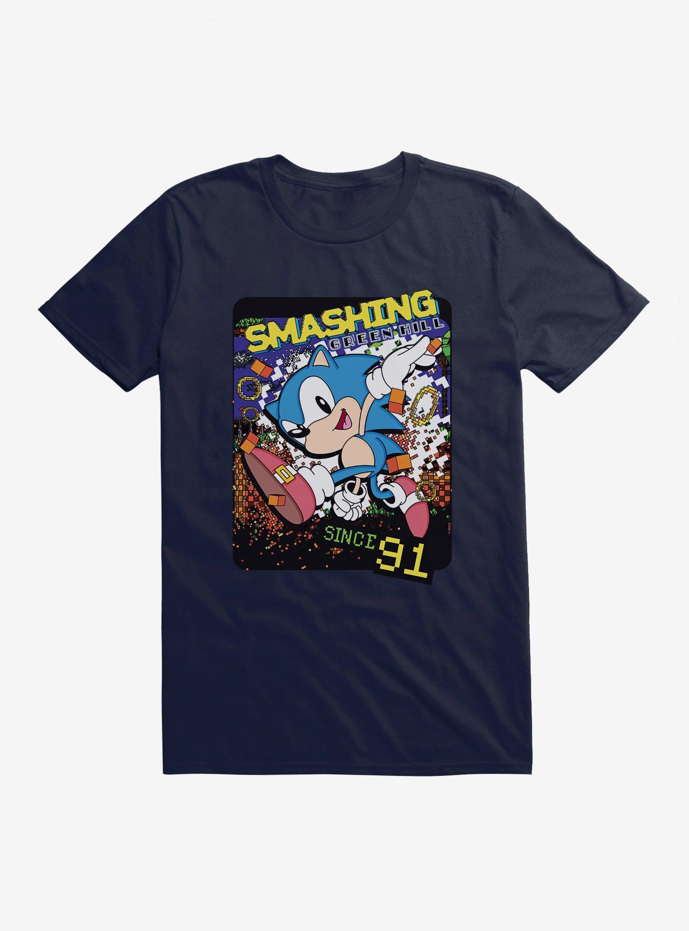 Sonic The Hedgehog Smashing Green Hill Since '91 Pixel T-Shirt, NAVY, hi-res
