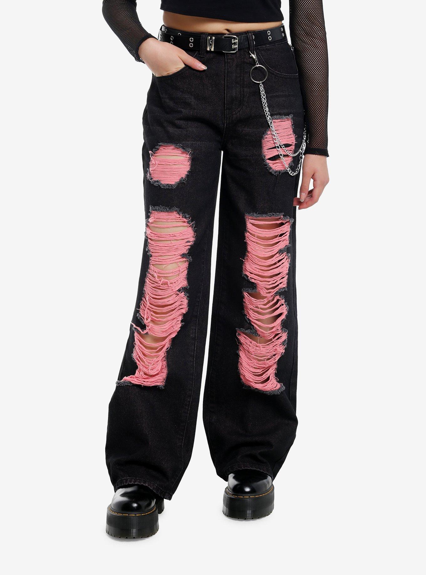 Black & Pink Destructed Side Chain Wide Leg Denim Pants, , hi-res