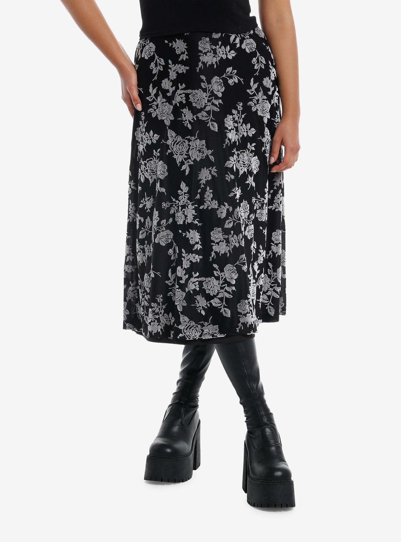 Thorn & Fable Black & Grey Rose Velvet Midi Skirt, , hi-res