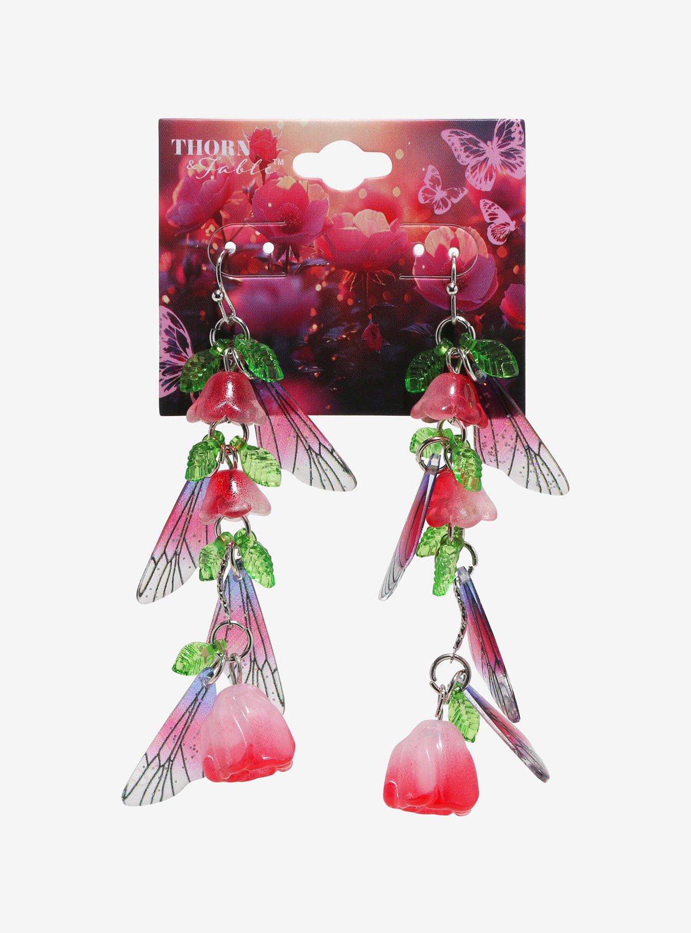 Thorn & Fable Pink Flower Fairy Wing Earrings, , hi-res