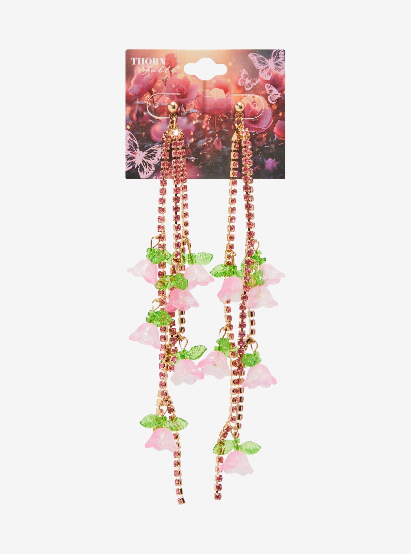 Thorn & Fable Pink Flower Gem Drop Earrings, , hi-res