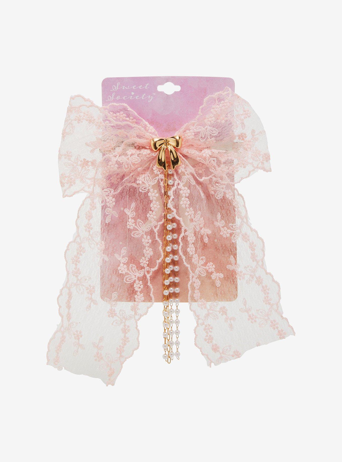 Sweet Society Pink Lace Pearl Chain Hair Bow, , hi-res