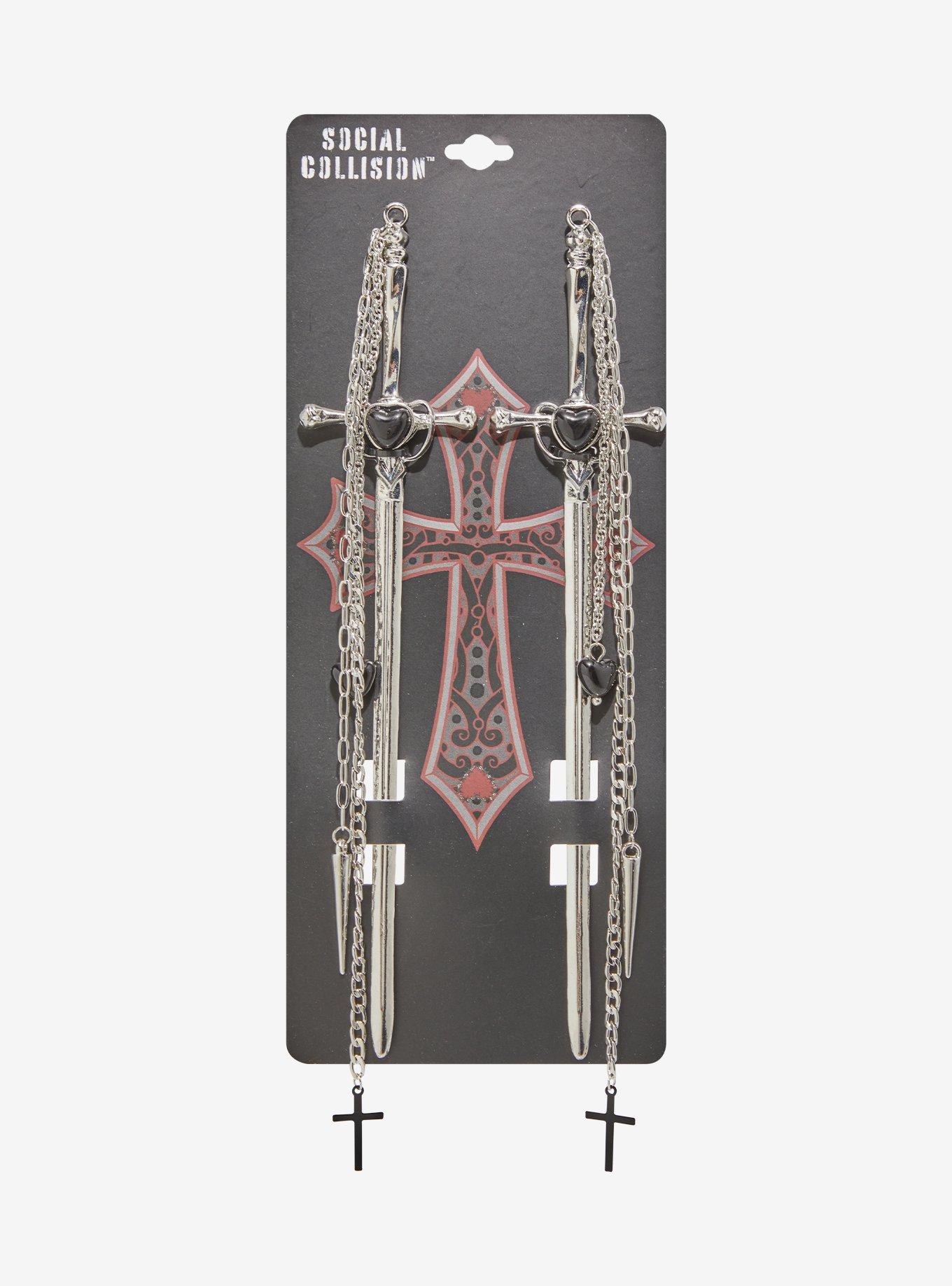 Social Collision Dagger Cross Chain Hair Stick Set, , hi-res