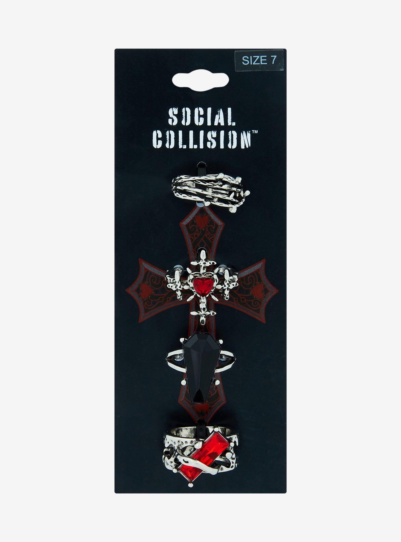 Social Collision Red Crystal Coffin Ring Set, , hi-res